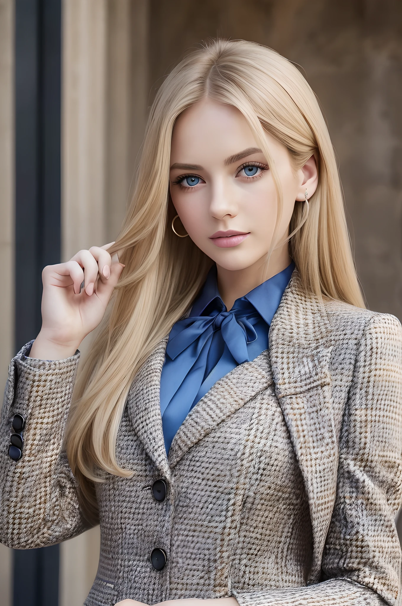 (masterpiece), (portrait), (aesthetic), (beautiful), (upper blody), (high quality), (aesthetic clothings), (professional angle), (rule of thirds), (Feminine), (woman), (female), (beautiful),(feminine features), (25 years), solo, 1 woman, (attractive British), Autumn, Warm light, (Standing), Natural Makeup, (Medium bust), (()), (Front face), (Refined expression), ((Classic Mood)), Pearl Necklace, ((Medium hair)), (Blonde hair), (Straight hair), (Silky hair), Glossy shine hair, (Hairpin in hair), (Blue eyes), (Elegant look), (Fair skin), (Tweed clothing), (Blazer), (Blouse), (Skirt), Collar neckline), ((Urban background)), (- in background), (Medium Shot shot), beautiful hands, two hands, normal hands, two arms, complete hands, beautiful body, beautiful fingers, normal fingers, five fingers, five fingers, (Thumb index meddle ring little fingers), beautiful ears, normal ears, beautiful eyes, shiny eyes, beautiful mouth, beautiful lips,