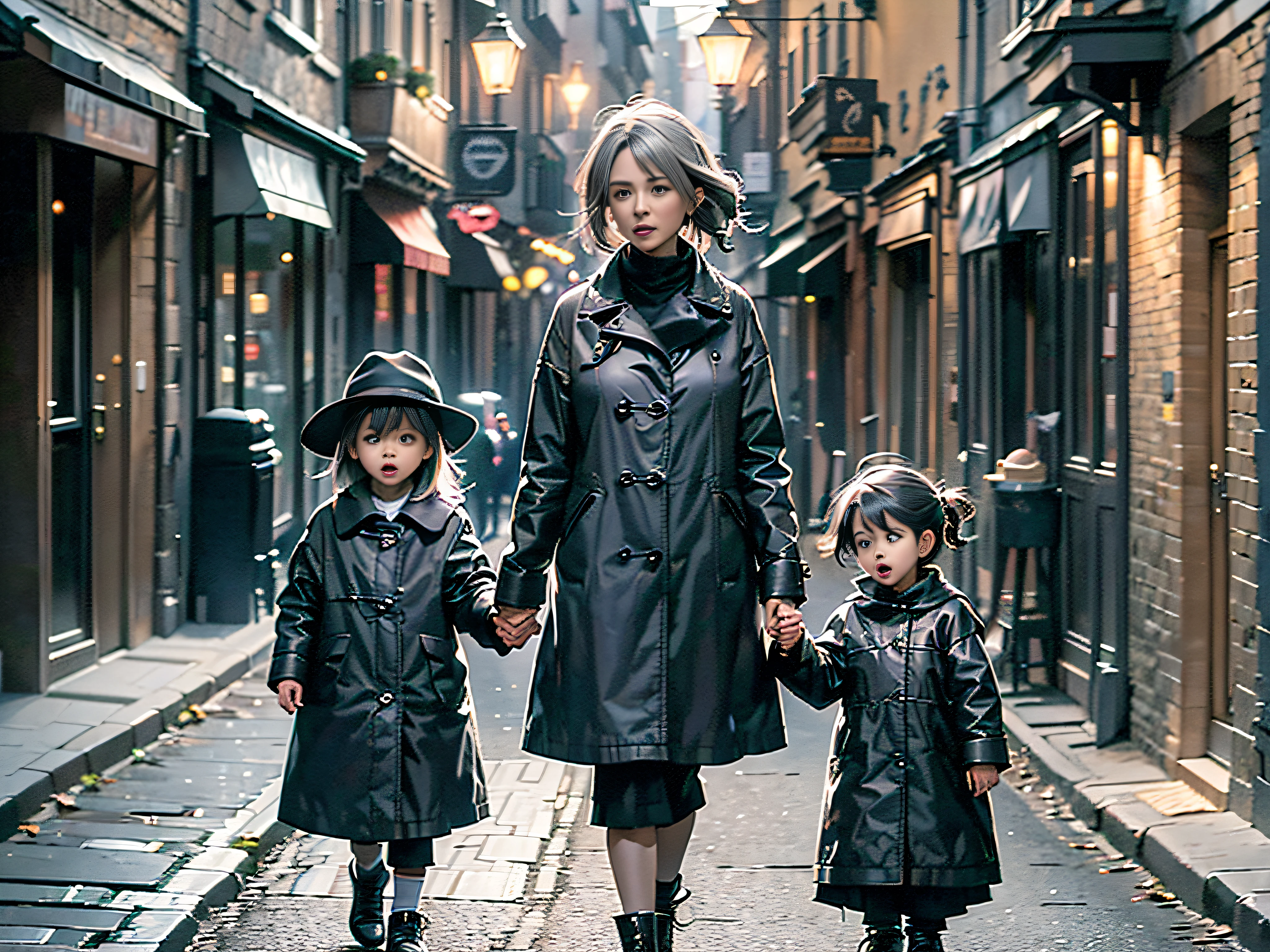 (On a dimly lit street: 1.8) (a gray-haired woman and two , both black-haired, dressed in black, walking hand in hand: 1.9) (They sing along: 1.7) (Night countryside: 1.8)