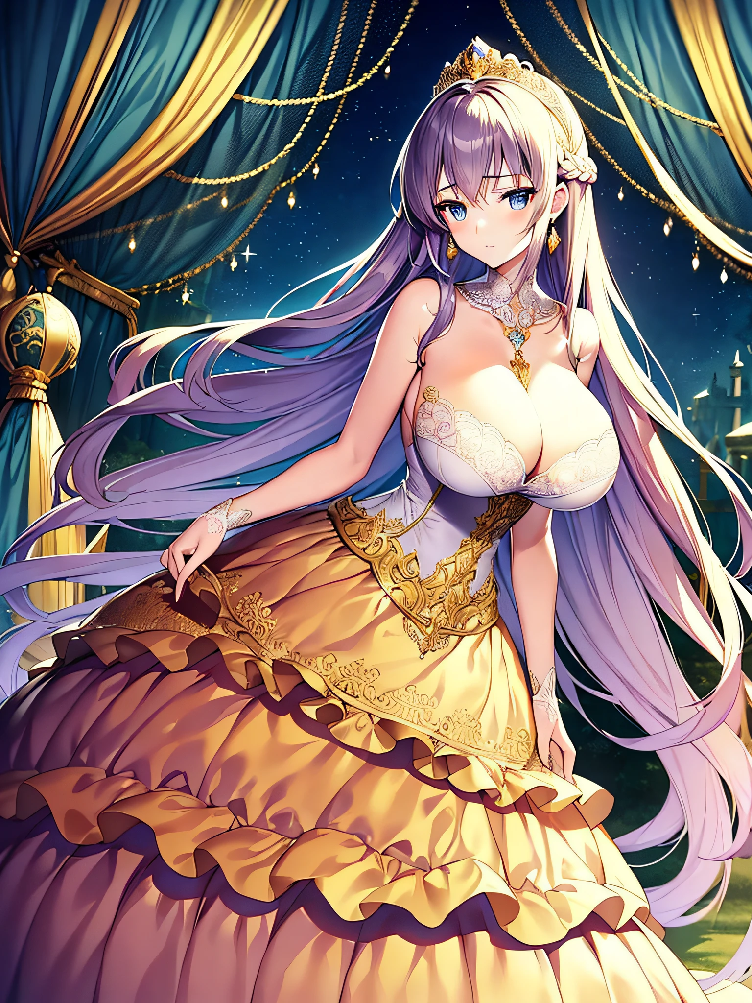 ((anime moe artstyle)),(Masterpiece),(Best Quality), (Super Detail),Illustration,((Very Delicate and Beautiful)),Focus on character,Dynamic Angle,Looking at viewer,(((Solo))),((Full body)),(((one gorgeous princess in ball gown with a voluminous skirt))),detailed face and eyes,jewel-like eyes,(Very Long Hair),(((gorgeous embroidery and lace))),See-through,ornate ruffles,(gigantic breasts,Long breasts),jeweled ball gown,(gorgeous ball gown with a voluminous skirt),
