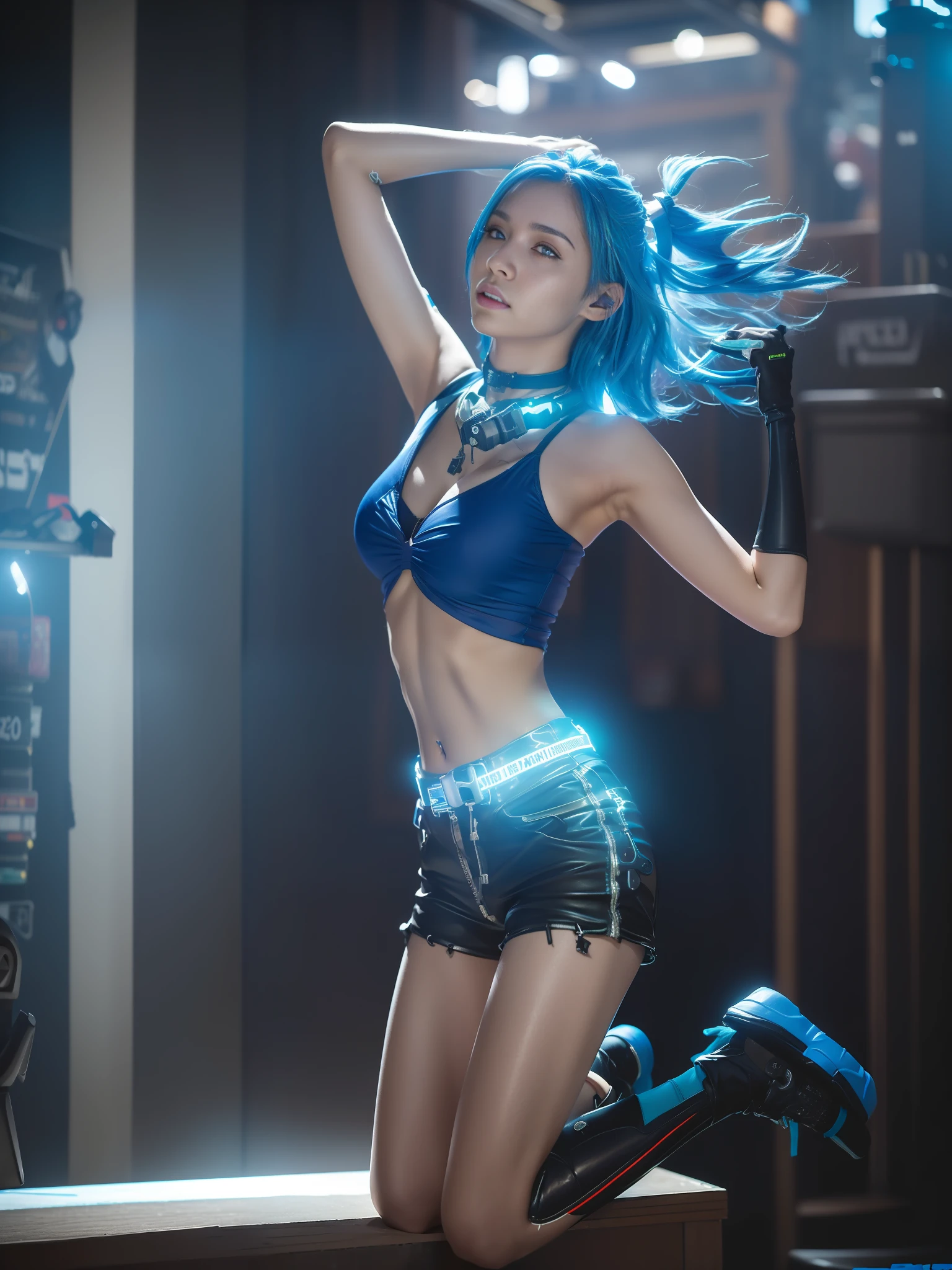 Best Quality, 4K, 8K, 1girl, 17 Y O, ((Cyberpunk: 2)), (Combat Ready), ((Humanoid Female Cyborg: 1.2)), ((Sports Bikini with Equipment: 1.2)), ((Highly Detailed Face: 1.2)), Cool Beauty, (Short Cut), (Long Boots), ((Instruments)), ((Blue Hair)), ((Red Eyes))