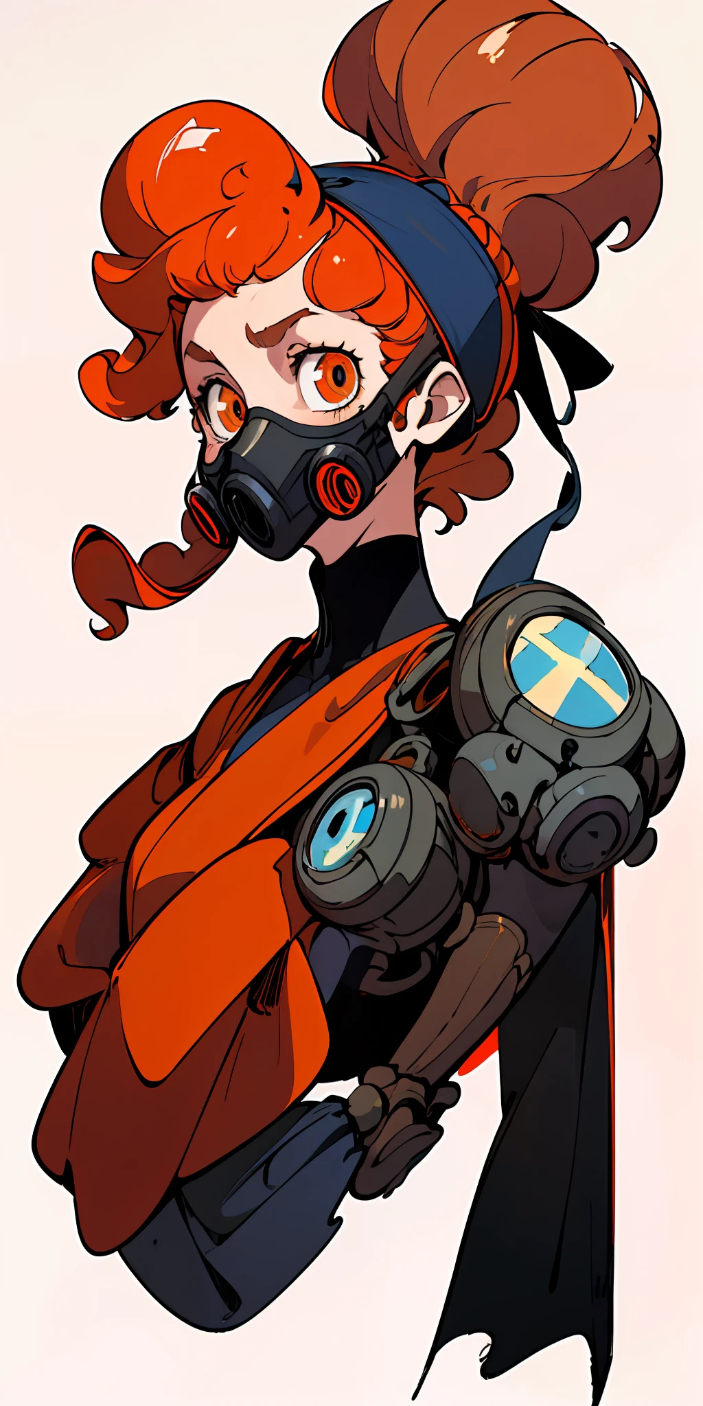 (best quality, masterpiece), 1girl,((masterpiece)),(((best quality))),((character design sheet,same character,front,side,back)),illustration,18 year old girl in a post-apocalyptic cobalt gas mask, with orange eyes, orange long sleeves, wavy navy blue short afro hair, she is dressed in brown leather pelerine, dusty tattered textures, mechanical left shoulder, wearing a single black glove, black torn headband,, charturnbetalora, (simple background, white background: 1.3) upper body, dark simple background, looking at viewer,