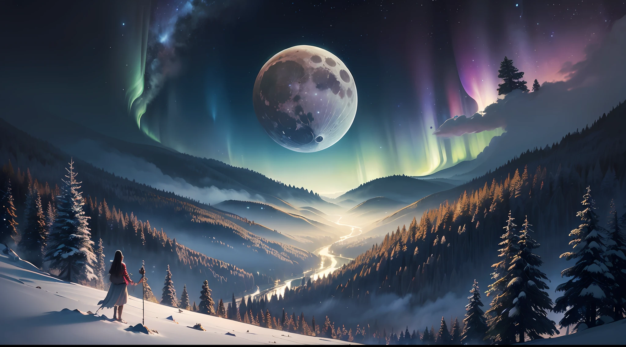 ((Top Quality)), ((Masterpiece)), ((Realistic)), ((Moon)), Celestial Collision, Comet Impact, Moon Broken in Half, Fragments Surrounded by Debris, Aurora Dance, Spring Evening, Twinkling Stars, Forest Fog Below, Eye Level, Scenery, Masterpiece,