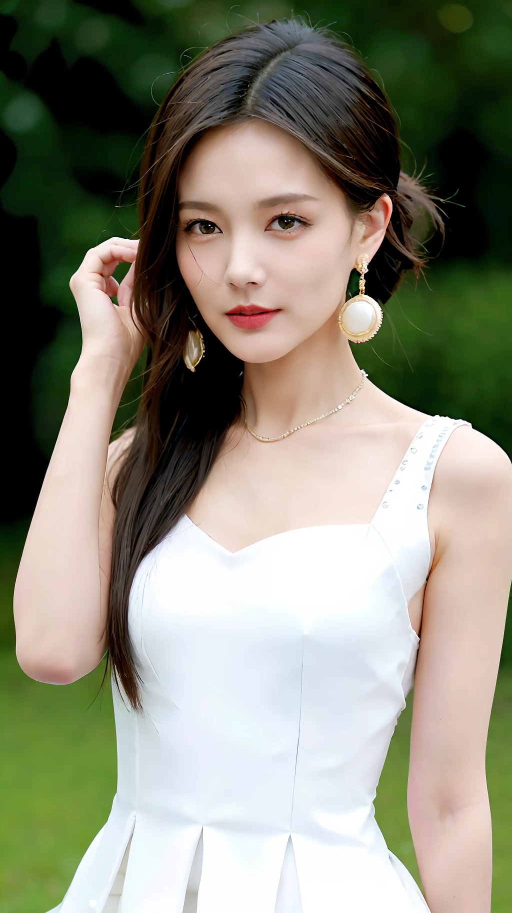 jewelry, solo, earrings, necklace, brunette hair, smile, single bun, (formal:1.6), reality, bun, bracelet, grin, ulzzang-6500v1.1, (original: 1.2), (reality: 1.3) , beautiful girl with beautiful details, extremely detailed eyes and face, eyes with beautiful details, ridiculous, incredibly ridiculous, huge file size, ultra detail, high resolution, super detailed, best quality, masterpiece, Illustrations, super detailed and beautiful, super detailed, CG, unity, 8k wallpaper, amazing, fine details, masterpiece, top quality, official art, extremely detailed CG Unity 8k wallpaper, cinematic lights, (perfect shiny skin:0.6), slender and smooth lines, (floating), (small breasts: 1), earrings, in a beautiful garden, panorama