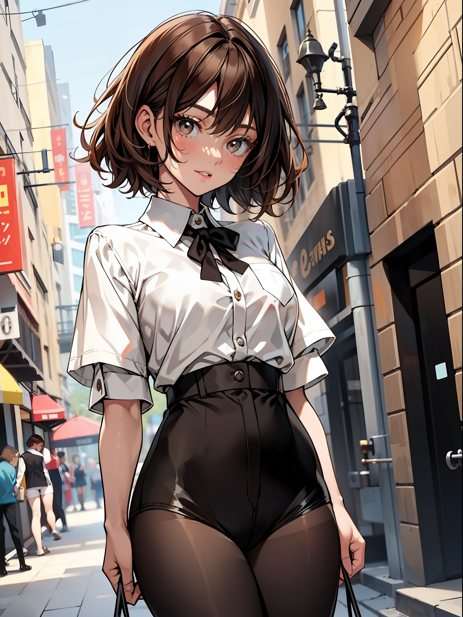 Brown hair short-haired, short clothes with white collar sleeves, shorts, pantyhose, girl, outdoor