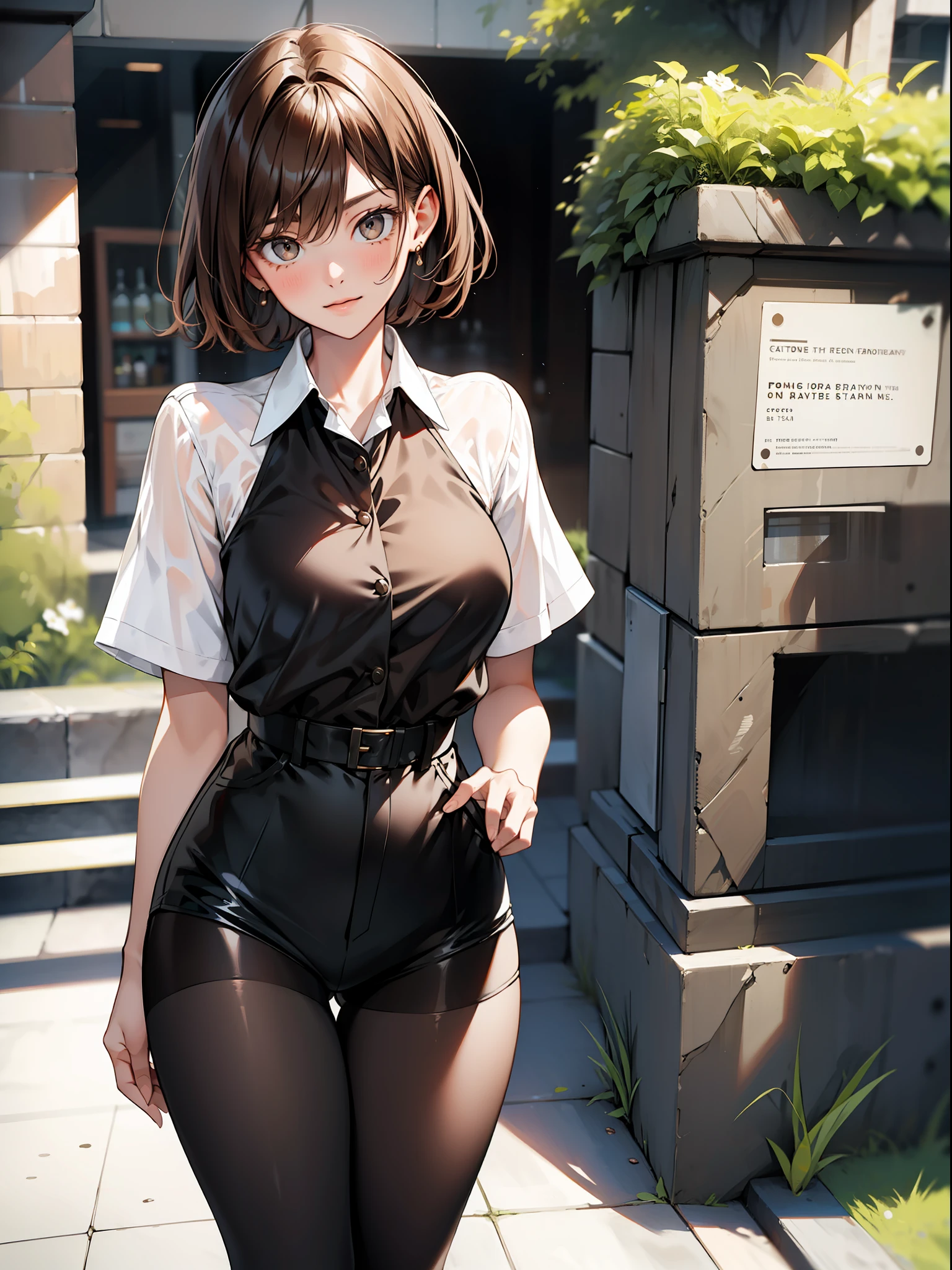 Brown hair short-haired, short clothes with white collar sleeves, shorts, pantyhose, girl, outdoor