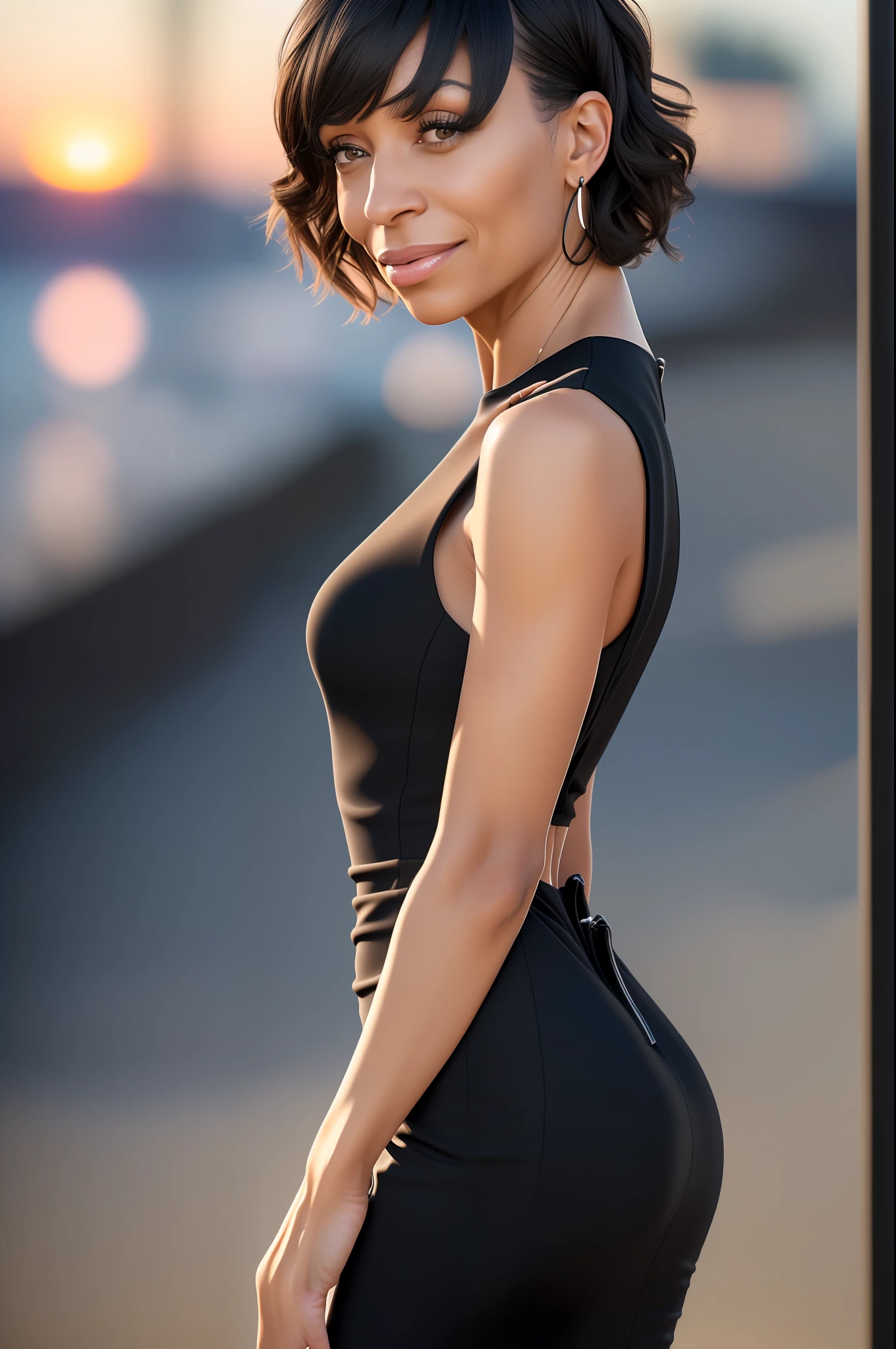 (((Tamara Taylor))), (a very tall slender woman with long legs walks on a busy beach promenade), ((tall slender figure)), ((hairstyle bob)), ((short straight black hair)), (narrow pelvis), (small round breasts), big brown eyes, ((small head)), It's evening and the sun is about to set, evening mood, she's smiling, (((She is wearing an elegant black pencil dress made of jersey fabric))), (photorealistic:1.2),  (best quality), (intricate details), 8K, (high poly), (ray tracing), (cinema lighting), (sharp focus), (detailed face:1.3), natural and realistic skin textures, soft face, (perspective from the side), (whole body)