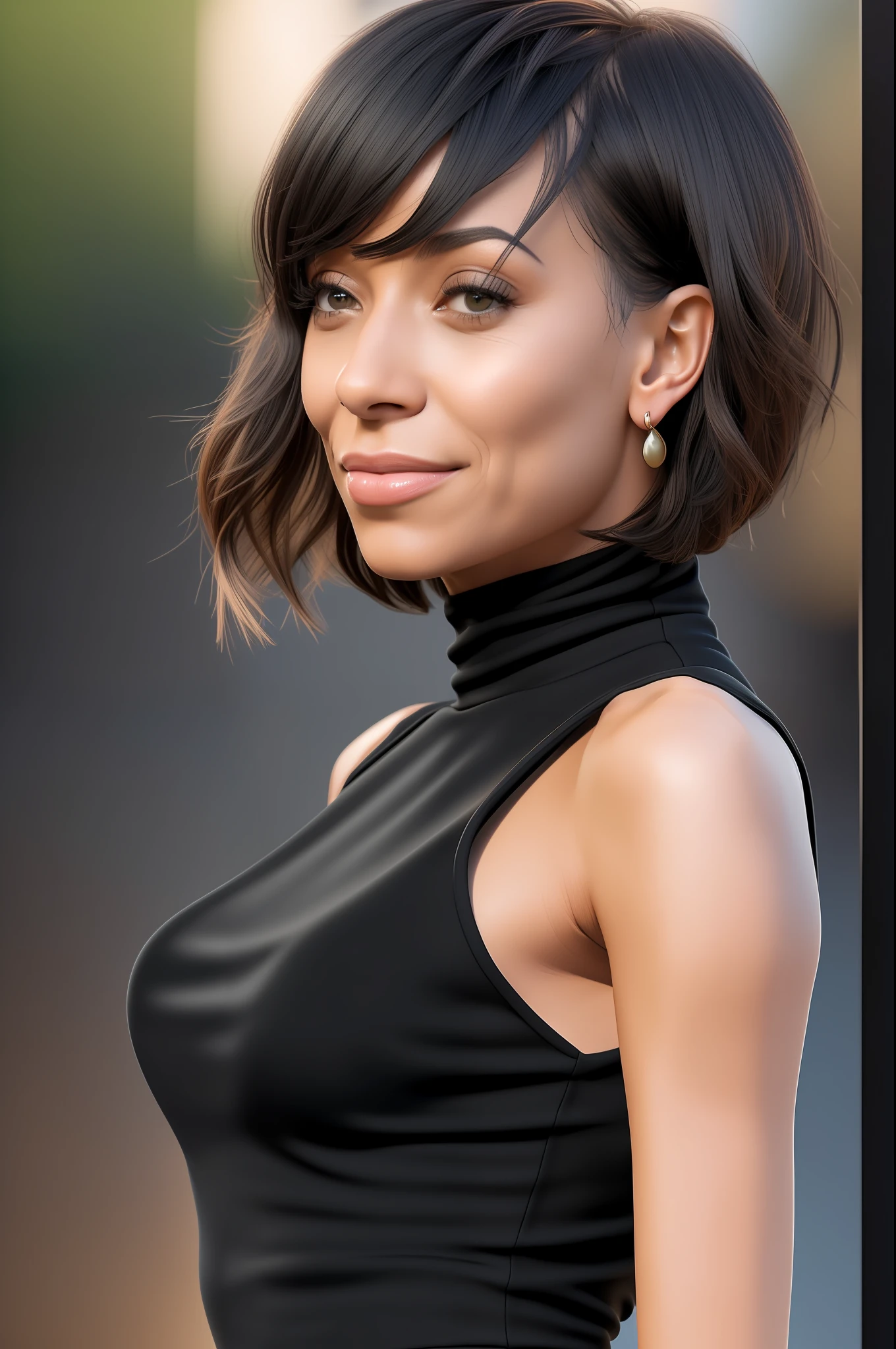 (((Tamara Taylor))), (a very tall slender woman with long legs walks on a busy beach promenade), ((tall slender figure)), ((hairstyle bob)), ((short straight black hair)), (narrow pelvis), (small round breasts), big brown eyes, ((small head)), It's evening and the sun is about to set, evening mood, she's smiling, (((She is wearing an elegant black pencil dress made of jersey fabric))), (photorealistic:1.2), (best quality), (intricate details), 8K, (high poly), (ray tracing), (cinema lighting), (sharp focus), (detailed face:1.3), natural and realistic skin textures, soft face, (perspective from the side), (whole body)