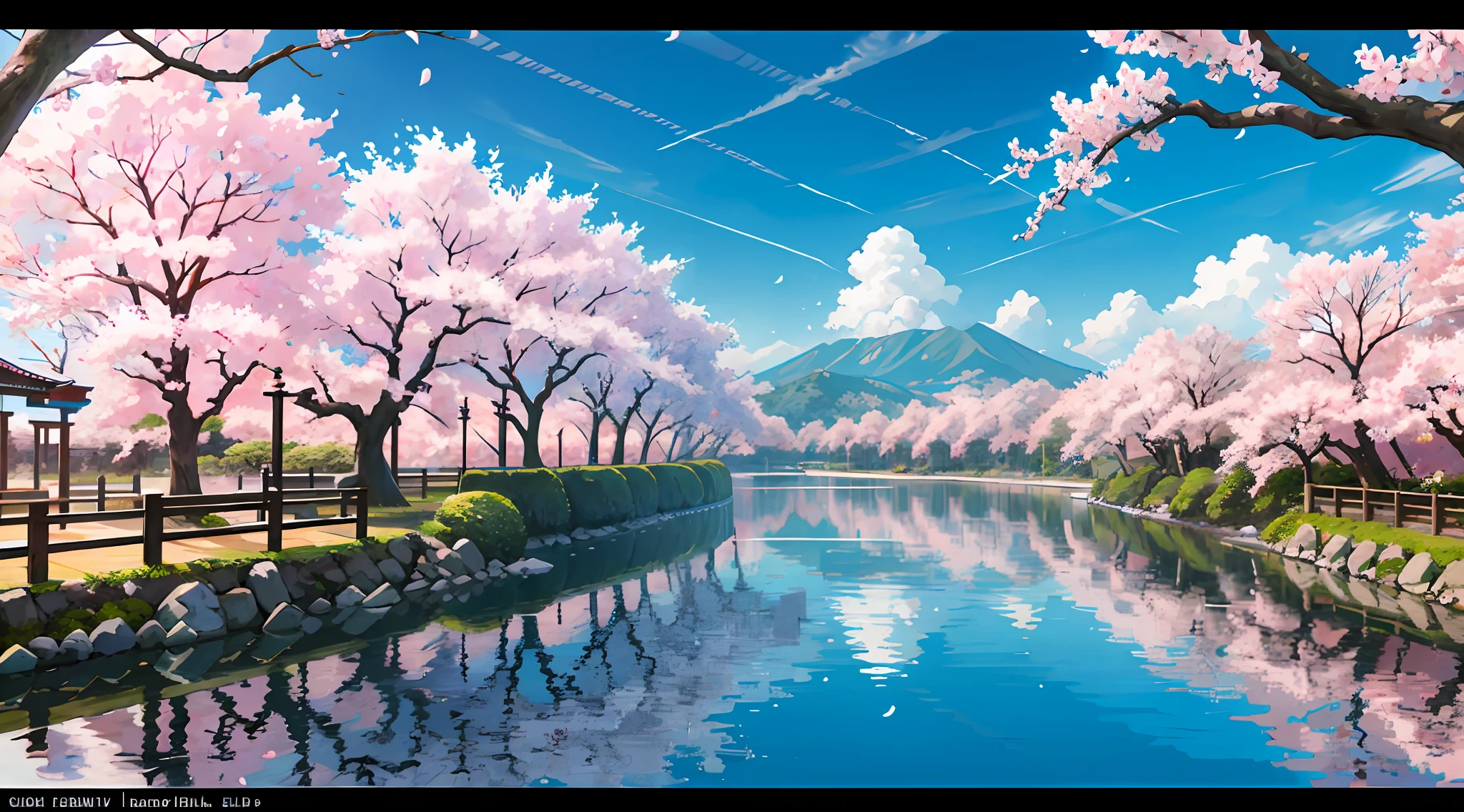 High quality masterpiece, landscape, cherry blossoms, bright blue sky. Japan cityscape, realistic scenery