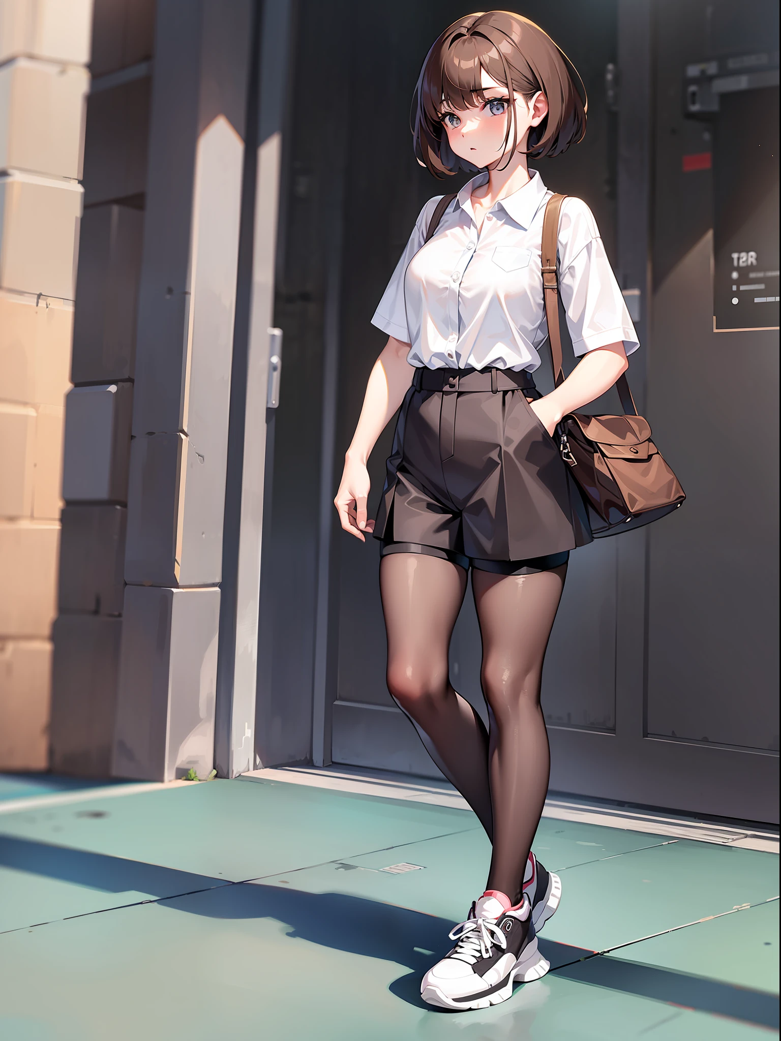 Brown hair shorthair, short clothes with white collar sleeves, shorts, pantyhose, girl, outdoor, tech sneakers