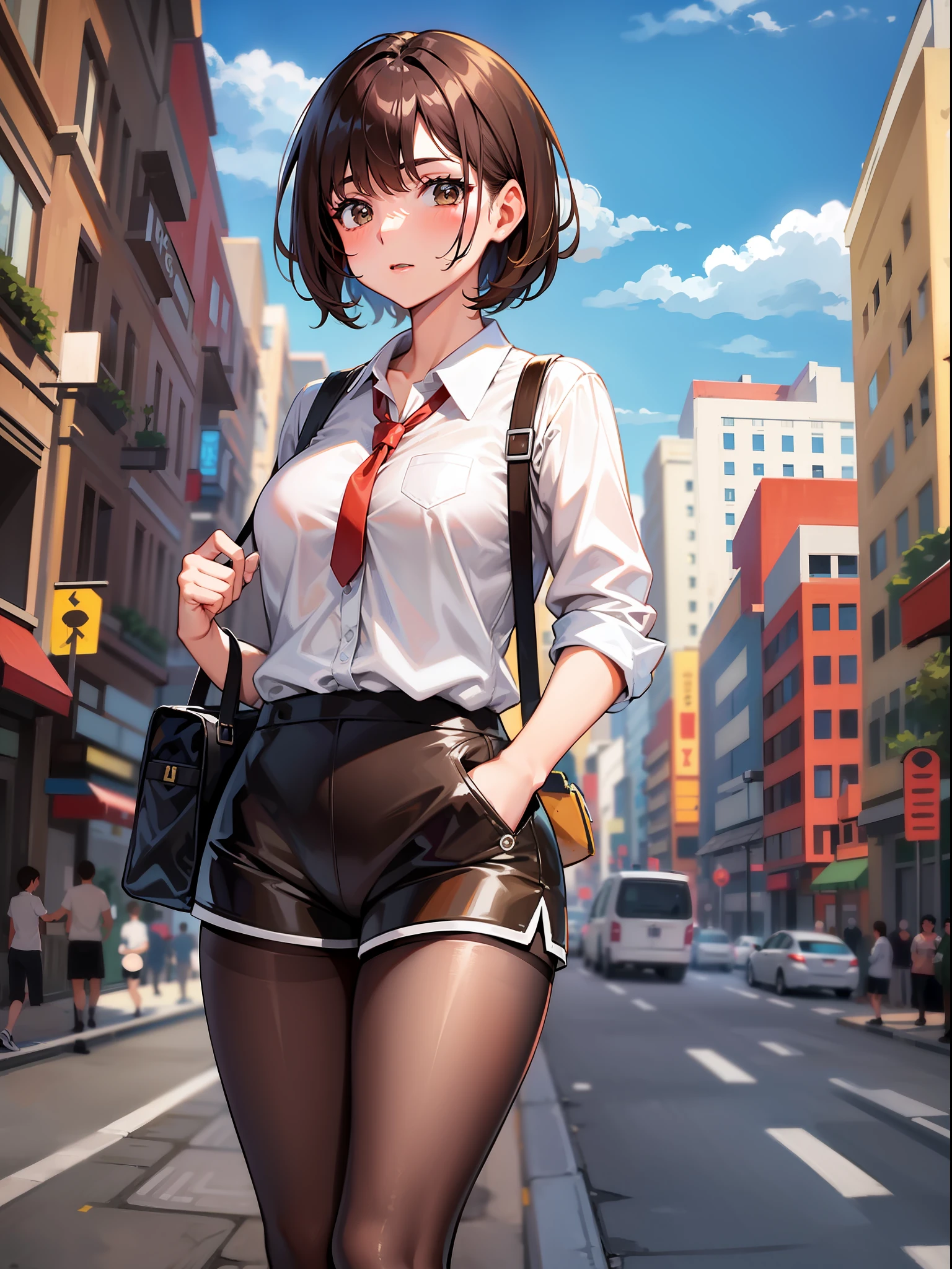 Brown hair shorthair, short clothes with white collar sleeves, shorts, pantyhose, girl, outdoor, tech sneakers