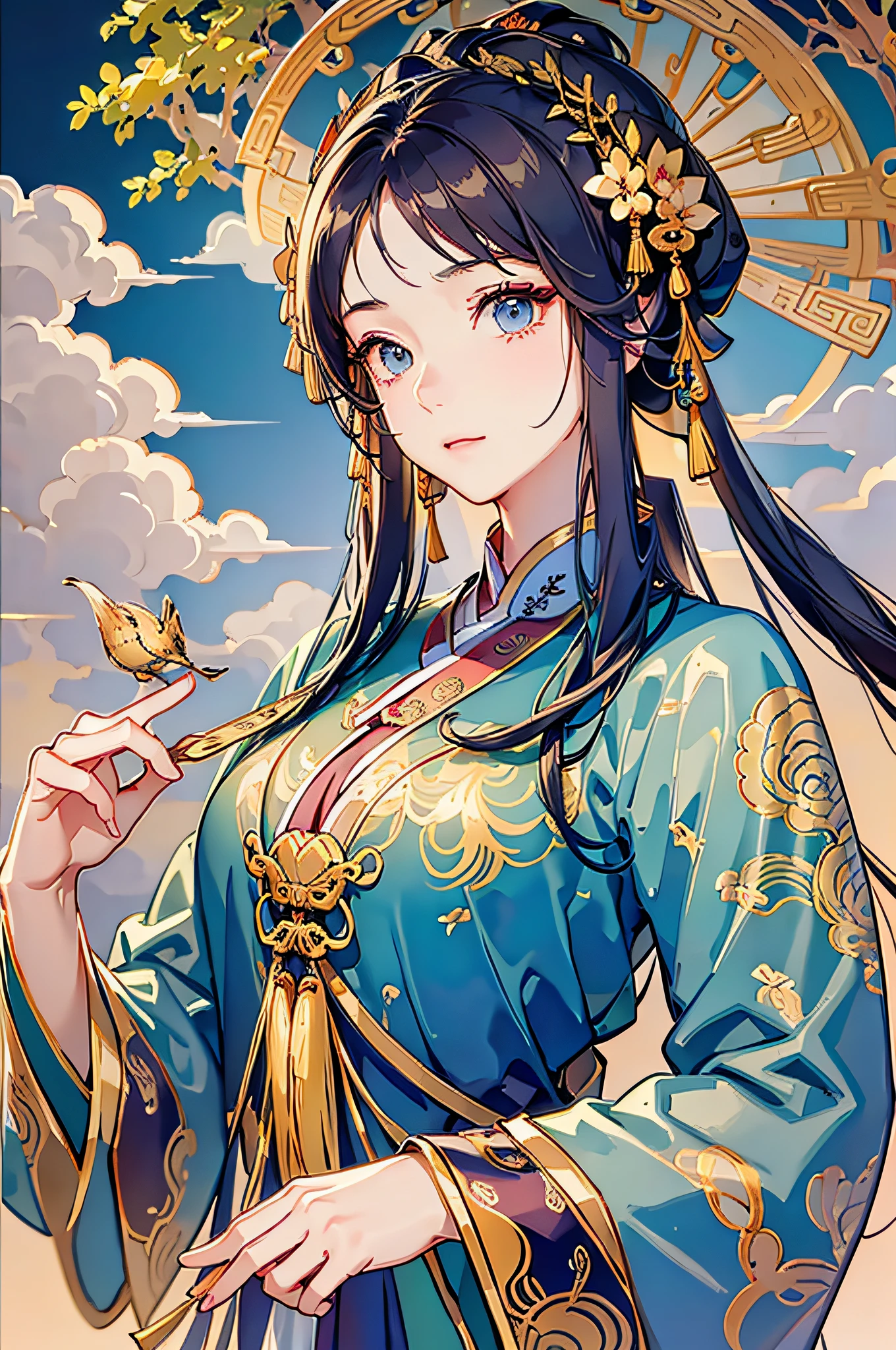 Ancient Chinese dancers, beautiful lines, gorgeous ancient Chinese costumes, exquisite conveyance, shy face, willow leaf eyebrows, character portrayal, coiled hair, gold leaf, flowing clouds, watercolor, cranes surrounding, ink painting, gentle eyes, meticulous color matching, exquisite clothing patterns, by Gu Kaizhi, Zhang Xuan, professional color grading, realistic style, soft shadows, clean and sharp focus, Flim photography, panorama, 8K wallpaper, ultra-clear wallpaper