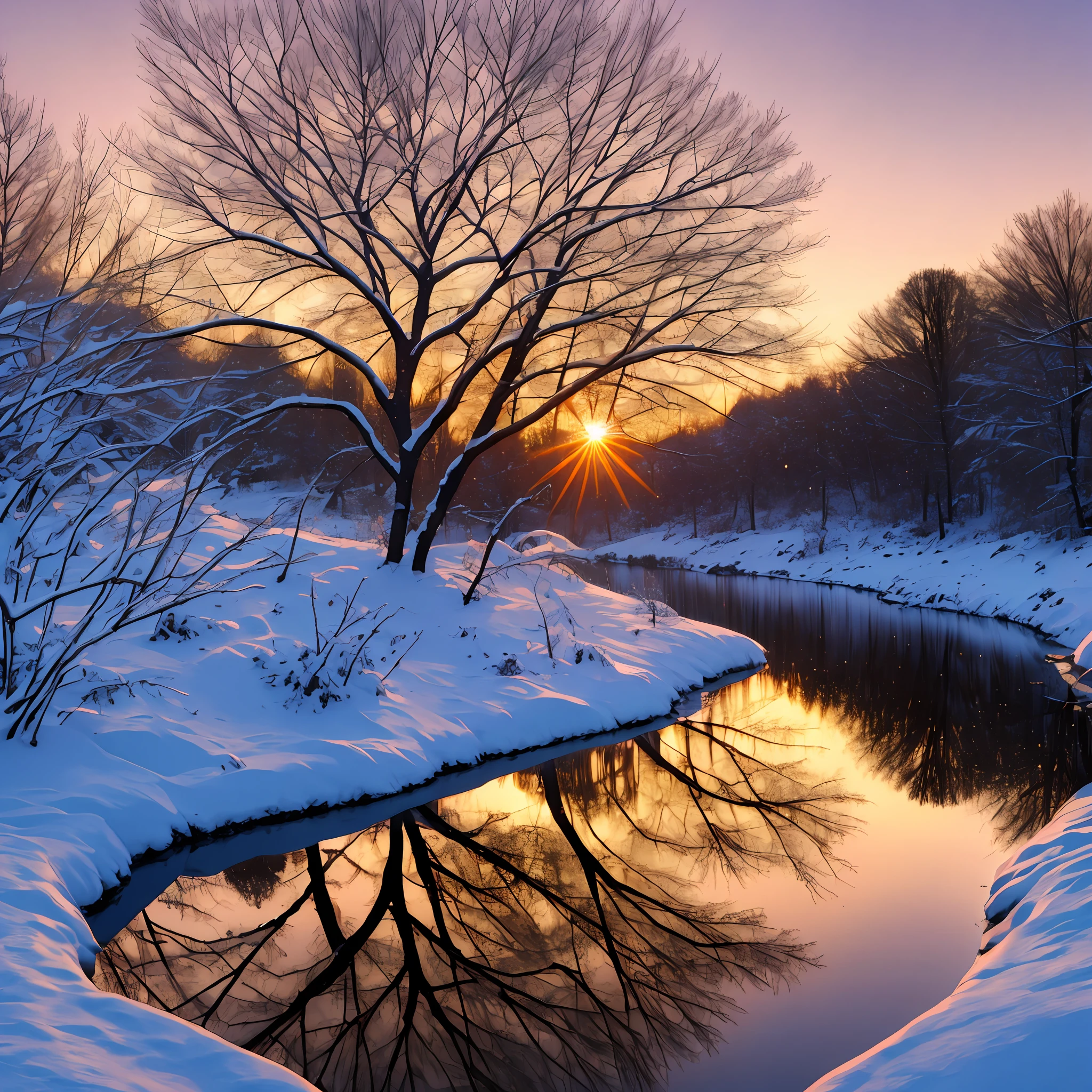 Leafless tree in winter snow sunset near a river where it reflects the realistic sun 8k --auto --s2