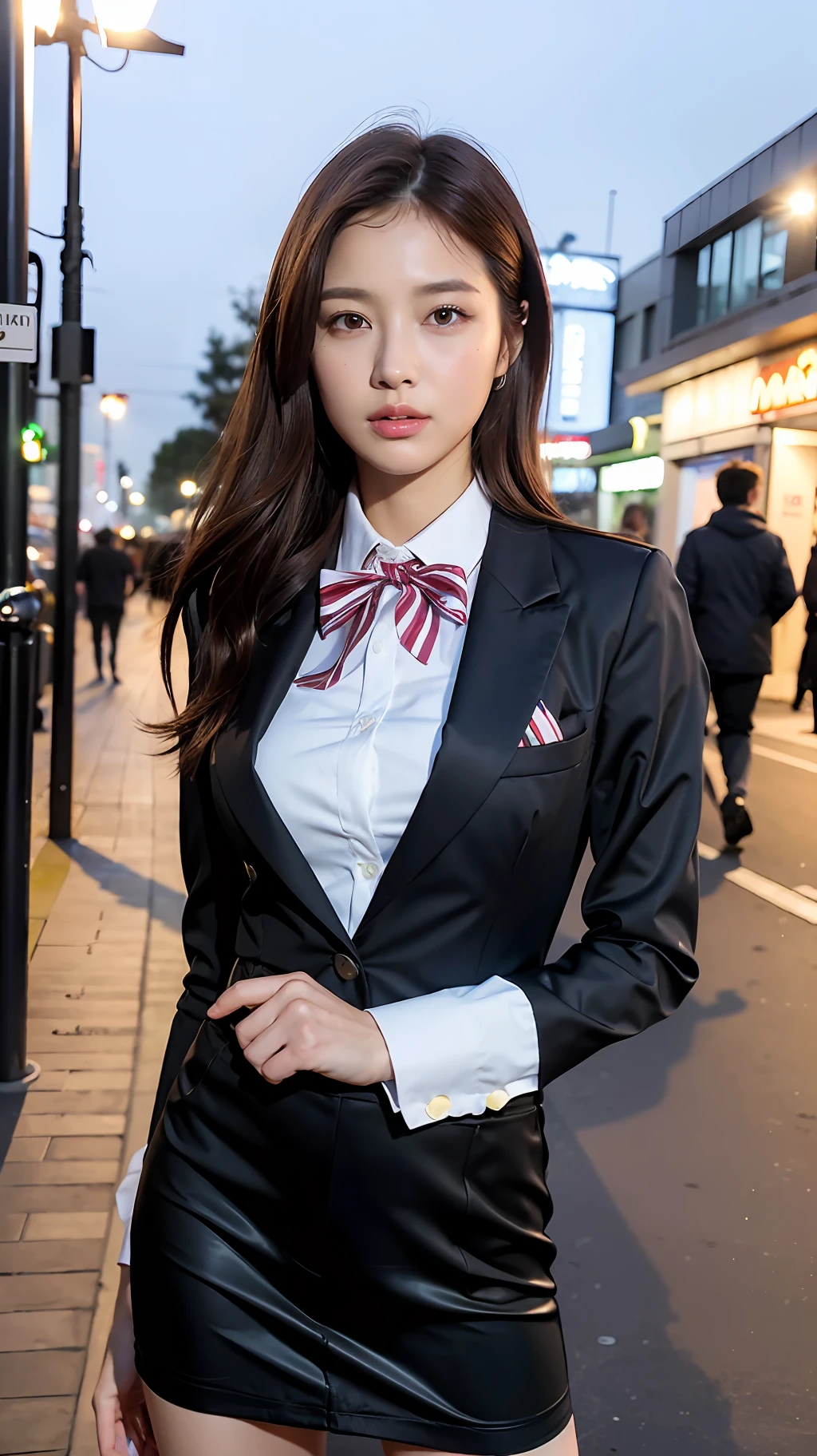 ((Best quality, 8k, Masterpiece :1.3)), full body, Sharp focus: 1.2, perfect body beauty: 1.4, slender abs: 1.2, ((dark brown hair, : 1.2)), pink JK uniform: 1.1, (Night City, Streets: 1.1), highly detailed facial and skin textures, detailed eyes, double eyelids