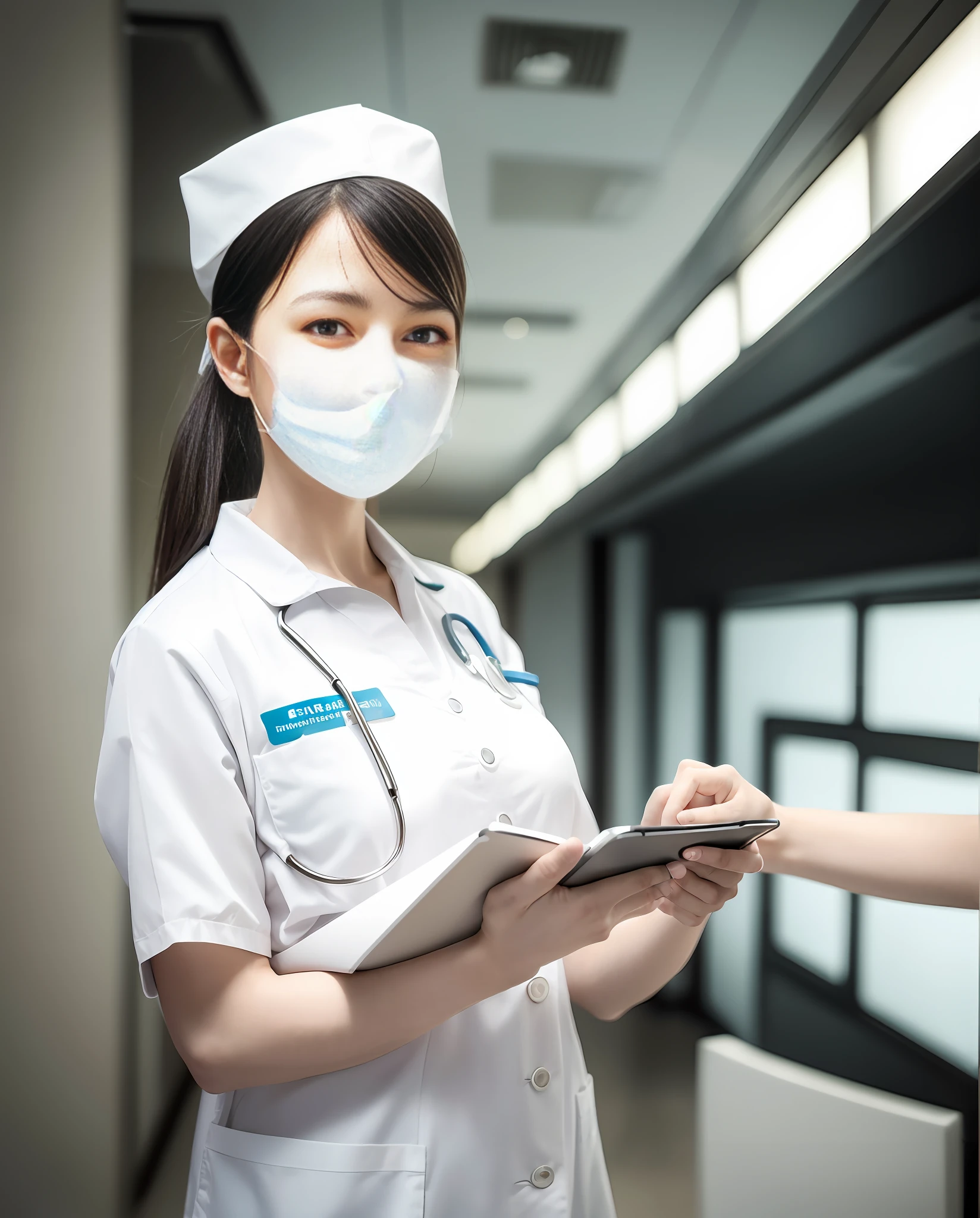 nursing staff holding report, hospital background, clean medical environment, paramedic, nursing, medical photography, nurse, nurse girl, hospital, digital medical device, medical images, fine detail, focus normal