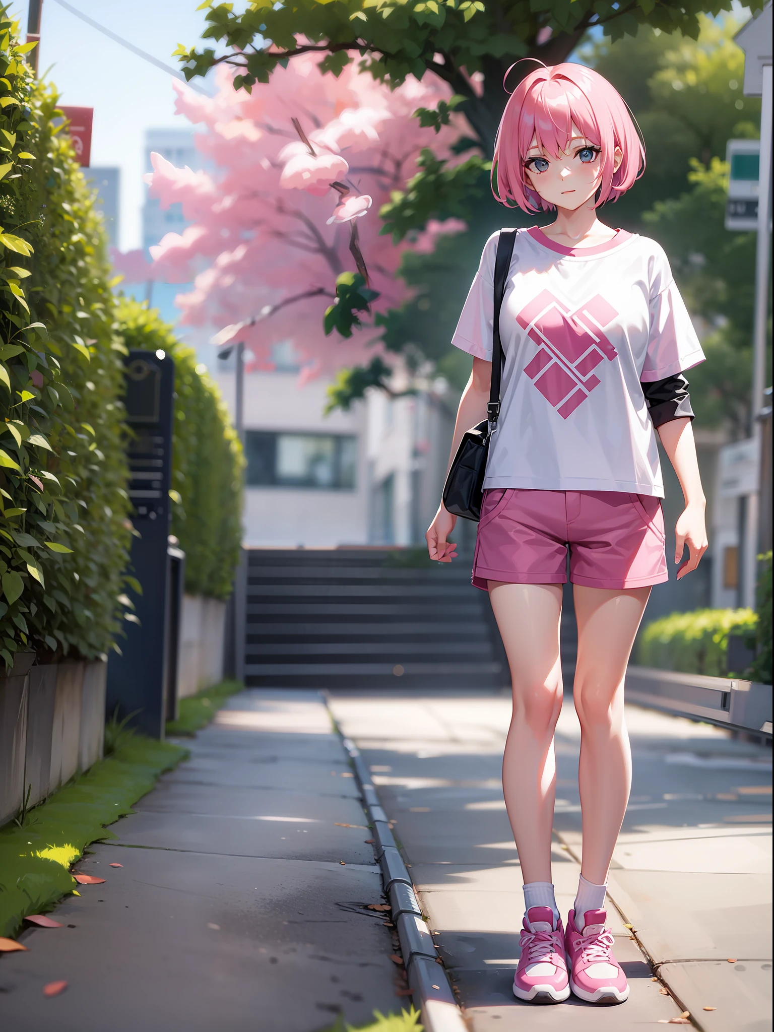 Pink hair short-haired, white collar sleeve short clothes, shorts, pantyhose, girl, outdoor, tech sneakers