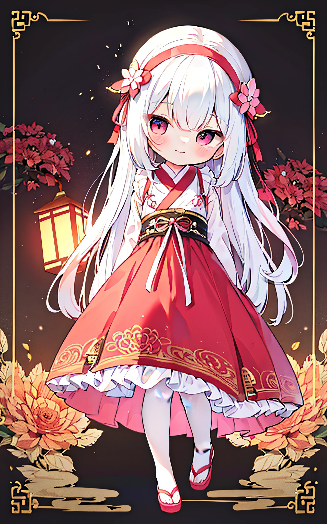 highly detailed,ultra-detailed,best quality,illustration,(Best character details:1.36),very close to viewer
beautiful ancient palace background,Exquisite architecture,(delicate background),(Soft glow:0.8),{bloom},sunlight,red lantern,fireworks, pink flower,
1girl,solo,full body,age:7,loli,(loli:1.8),(girl:0.4),standing,arms behind back,{{smirk}}, dynamic angle,looking at viewer,{{cute}},cute face,narrow waist,(breast:0.9)
beautiful white hair,long hair,floating hair,{{{pink eyes}}},bright_eyes,gradient_eyes,{{zoom in eyes}},Enlarge Eyes
(gorgeou hanfu|white:1.65|red:0.15|golden lace),white stockings,hair ornament,white hair_ribbon,