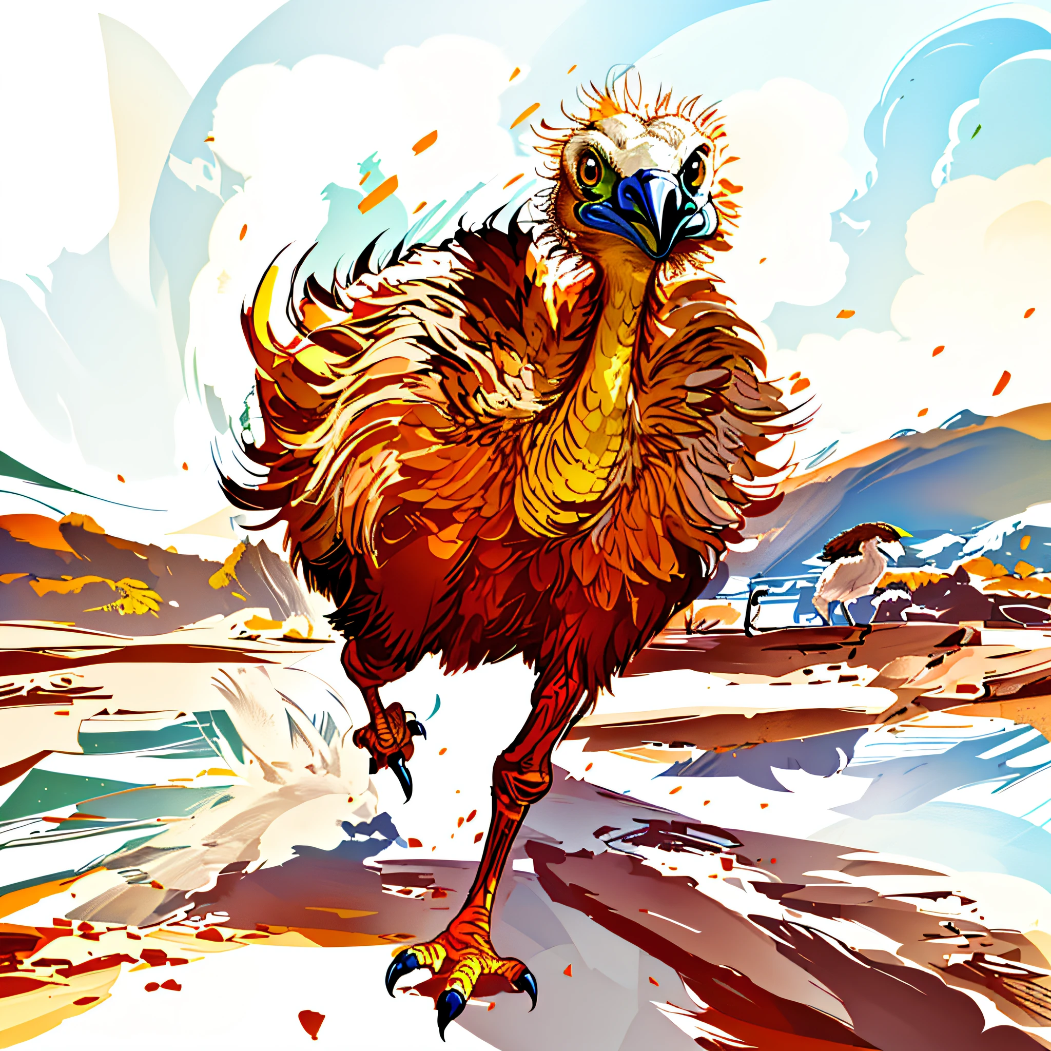 An ostrich, long neck, illustration, drawn with Photoshop, two legs with claws, line sketch, highly detailed animal, strong line art, bird leg, hand drawn illustration, biped, highly detailed animal painting, simple background, white background
