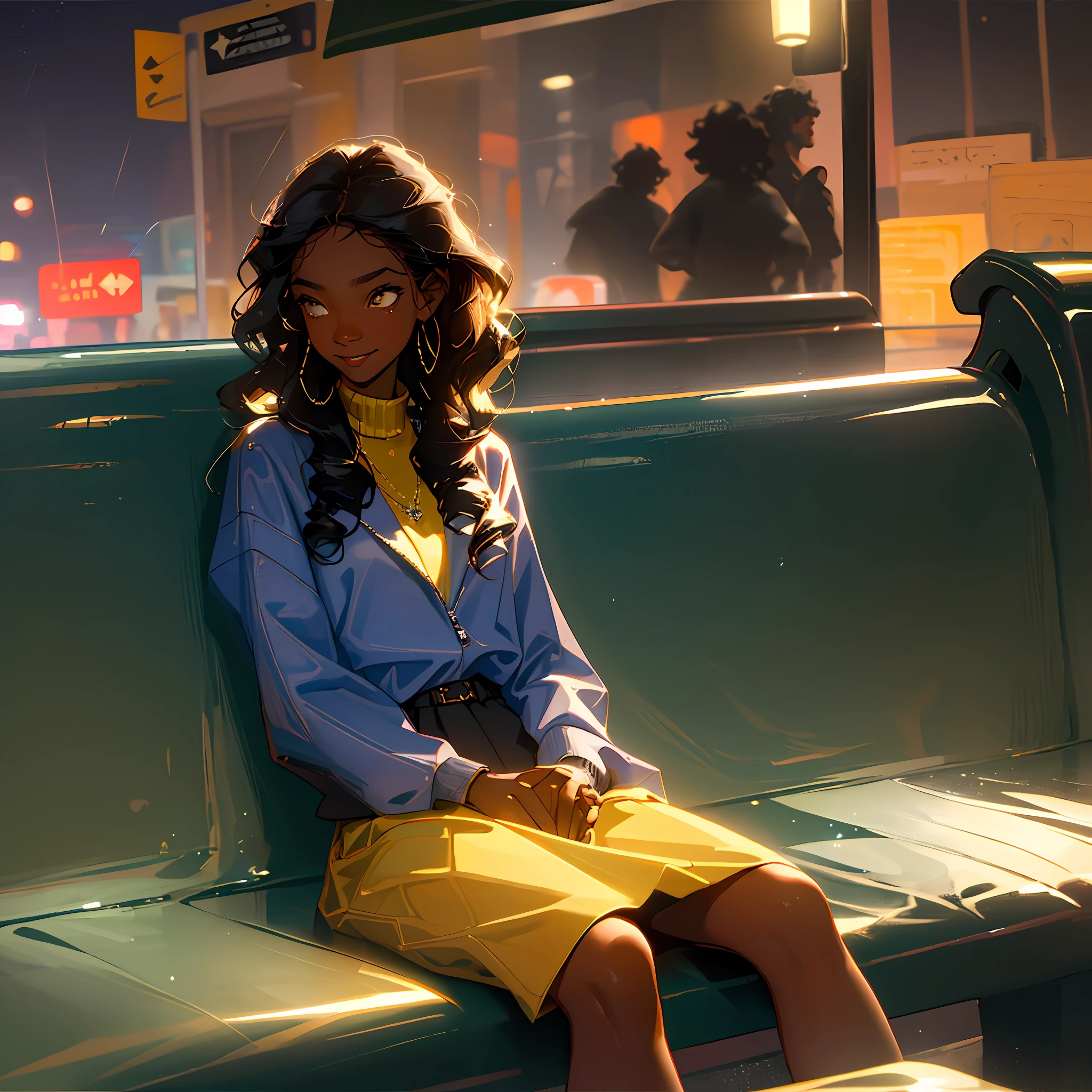 (best quality, masterpiece), 1girl, (dark skin), curly hair, wavy hair, bikini, new york, sitting on street bench, wet, raining, full moon, night, city lights, long hair, wind, happy smiling, busy city,