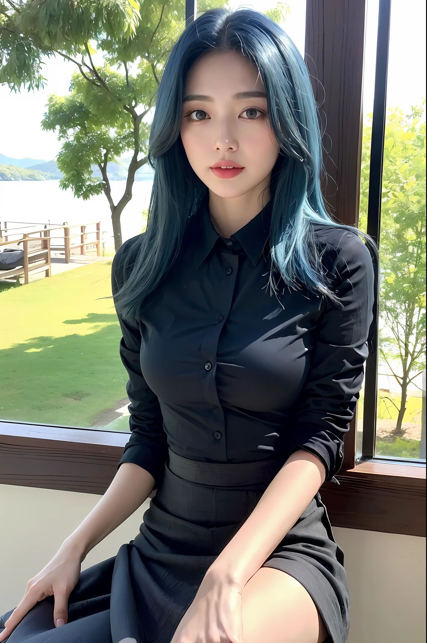 ((Best quality, 8k, Masterpiece :1.3)), Full body, Long legs, Sharp focus :1.2, A beautiful woman with perfect figure :1.4, Slim Abs :1.1, ((Blue hair, Big breasts :1.2)), (((Black dark fabric shirt, Skirt:1.3))), Happy expression, Crossed legs :1.2, ((Nature view :1.3)), Wooden balcony :1.1, Highly detailed texture of face and skin, Detailed eyes, Double eyelid
