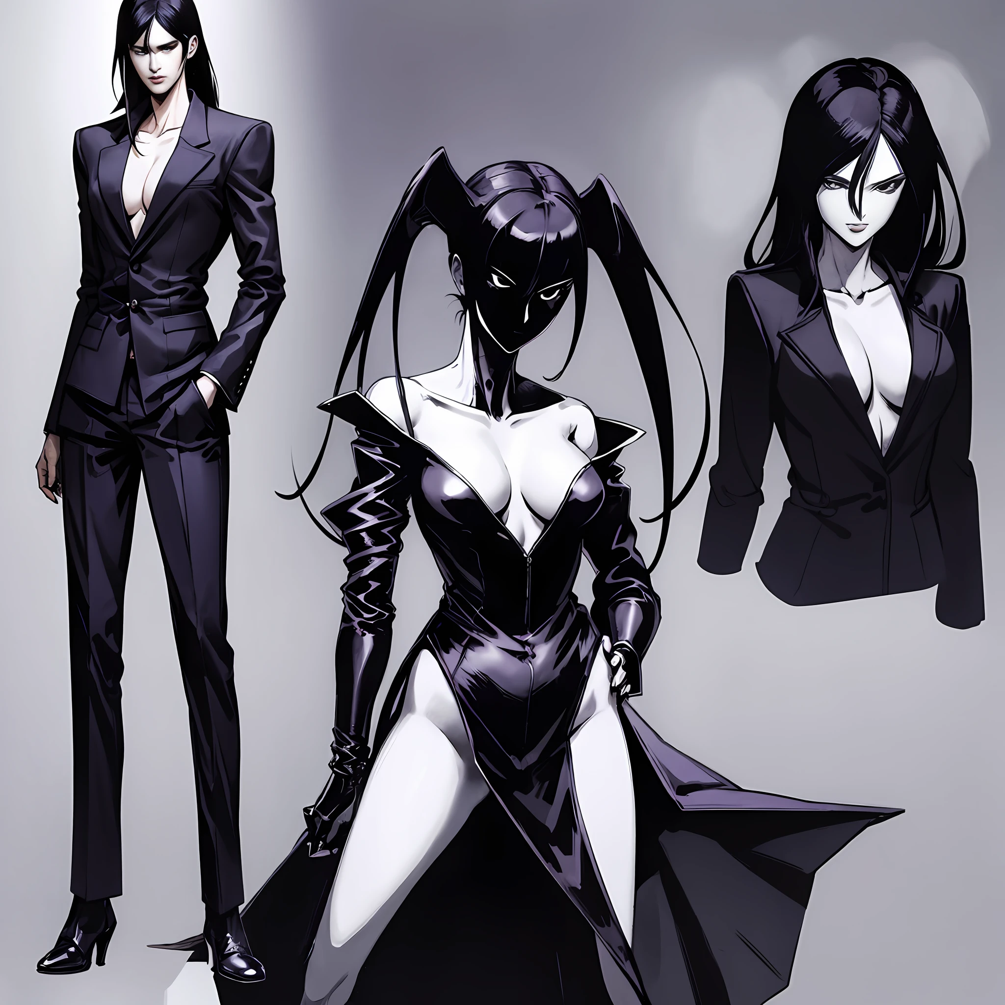 Masterpiece, manga master work, great anime, a beautiful underworld woman, gangster movie female BOSS, wearing a black silk trench coat, full body black costume standing under the empty night stars, full body standing, tall figure, slender legs, facial details, detailed body part details, 8k wallpaper