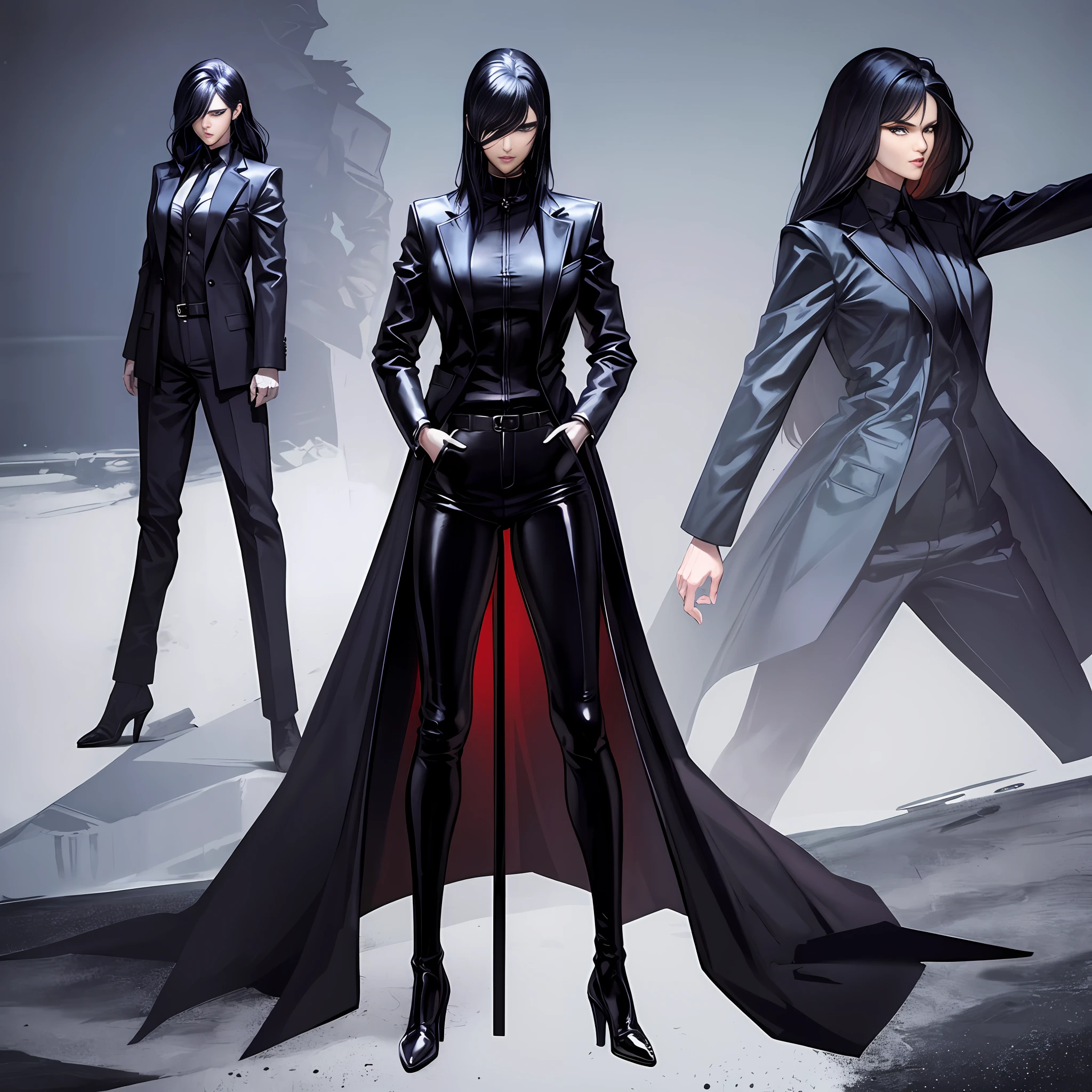 Masterpiece, manga master work, great anime, a beautiful underworld woman, gangster movie female BOSS, wearing a black silk trench coat, full body black costume standing under the empty night stars, full body standing, tall figure, slender legs,  details, detailed body part details, 8k wallpaper