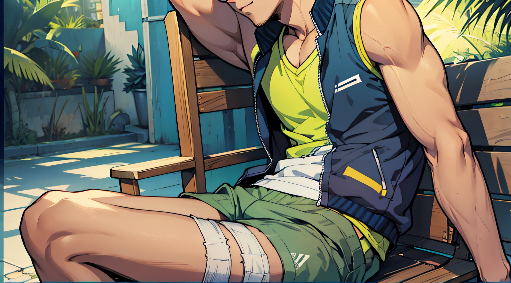 2.5D comic style depicts a young man wearing a vest, shorts, flip-flops, lying on a chair --auto --s2