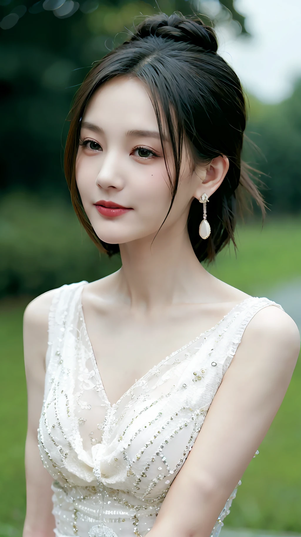 jewelry, solo, earrings, necklace, brunette hair, smile, single bun, (formal:1.6), reality, bun, bracelet, grin, ulzzang-6500v1.1, (original: 1.2), (reality: 1.3) , beautiful girl with beautiful details, extremely detailed eyes and face, eyes with beautiful details, ridiculous, incredibly ridiculous, huge file size, ultra detail, high resolution, super detailed, best quality, masterpiece, Illustrations, super detailed and beautiful, super detailed, CG, unity, 8k wallpaper, amazing, fine details, masterpiece, top quality, official art, extremely detailed CG Unity 8k wallpaper, cinematic lights, (perfect shiny skin:0.6), slender and smooth lines, (floating), (small breasts: 1), earrings, in a beautiful garden, panorama