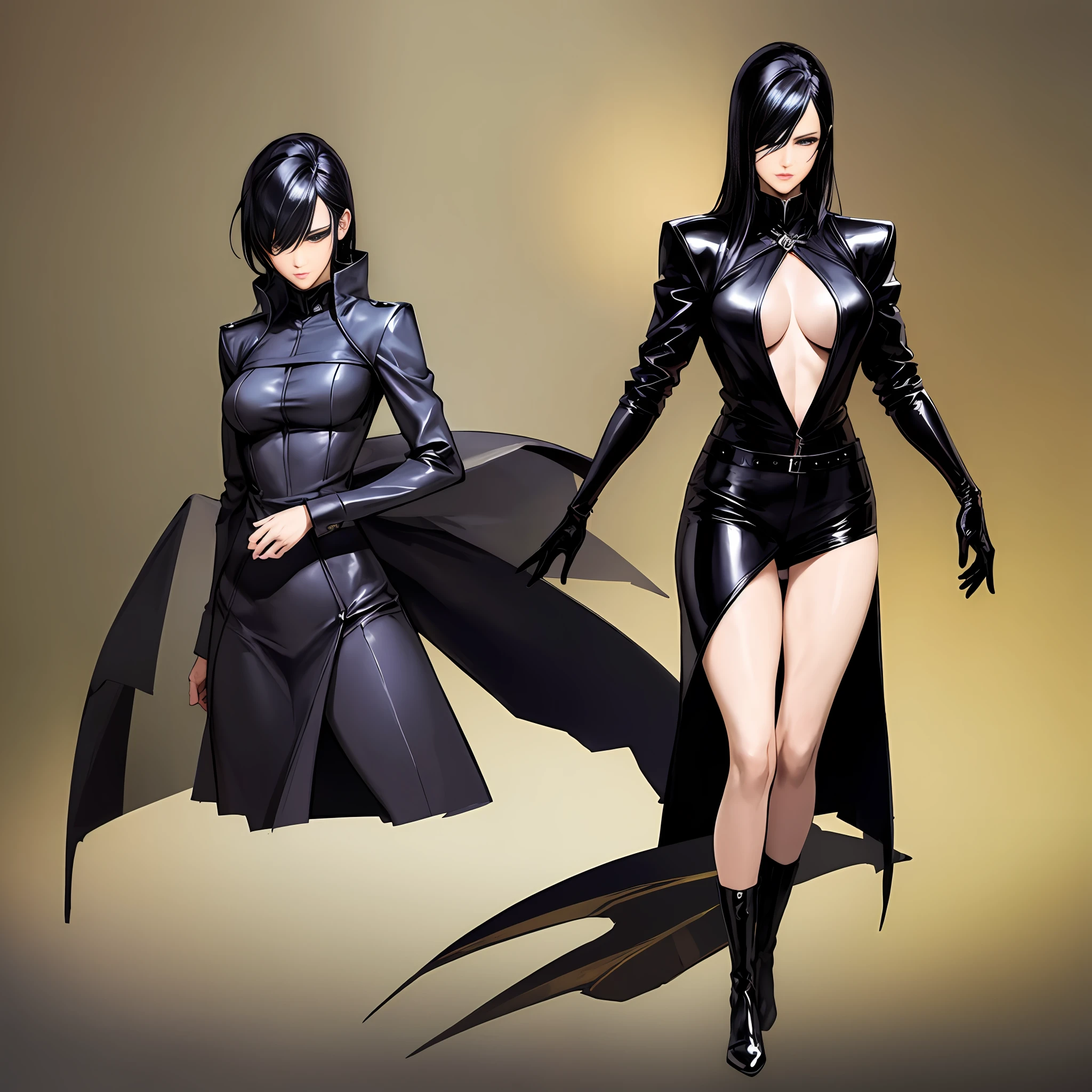 Masterpiece, manga master work, great anime, a beautiful underworld woman, gangster movie female BOSS, wearing a black silk trench coat, full body black costume standing under the empty night stars, full body standing posture, tall, slender legs, facial details, detailed body part details, side full body, 8k wallpaper