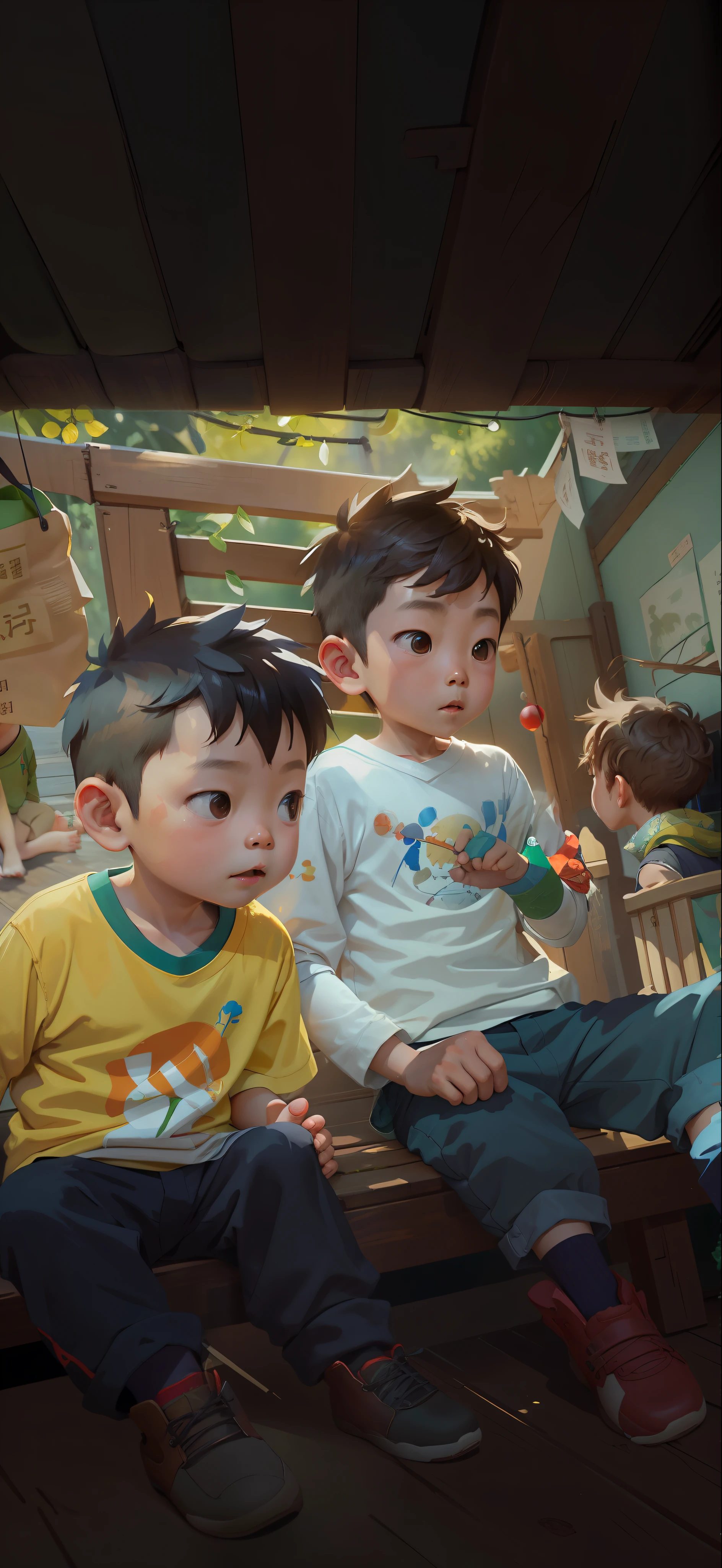 there are two young boys sitting on a wooden bench together, they are very serious, ruan jia and brom, children, kid, 2 , ruan jia and fenghua zhong, kids playing, with a kid, taken with sony alpha 9, kids, two buddies sitting in a room, yanjun chengt, a picture