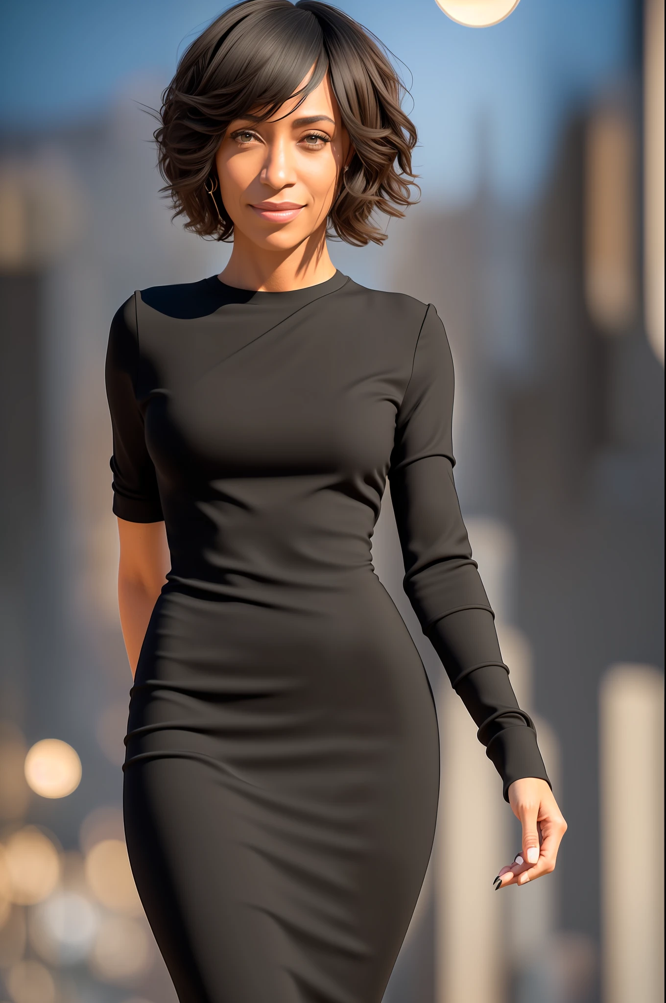 (((Tamara Taylor))), (a very tall slender woman with long legs walks on a busy beach promenade), ((tall slender figure)), ((hairstyle bob)), ((short straight black hair)), (narrow pelvis), (small round breasts), big brown eyes, ((small head)), It's evening and the sun is about to set, evening mood, she's smiling, (((She is wearing an elegant black pencil dress made of jersey fabric))), (photorealistic:1.2), (best quality), (intricate details), 8K, (high poly), (ray tracing), (cinema lighting), (sharp focus), (detailed face:1.3), natural and realistic skin textures, soft face, (perspective from behind), (whole body)