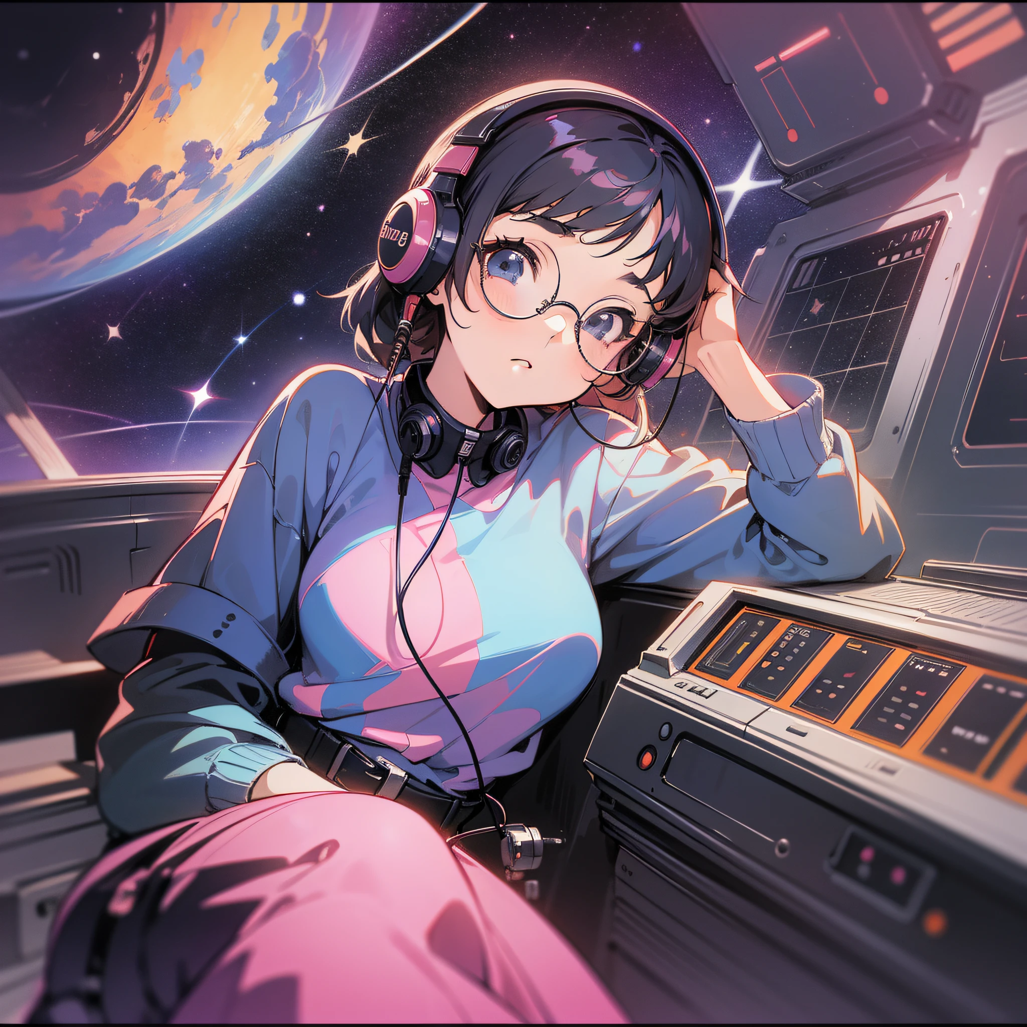 retro music album cover design, lofi filter, girl with black and round glasses wearing headphones, she is sitting on top of a spaceship looking at the stars, 90s anime art style, vintage look, galaxy background ar 1:1  --niji 5 --s 400