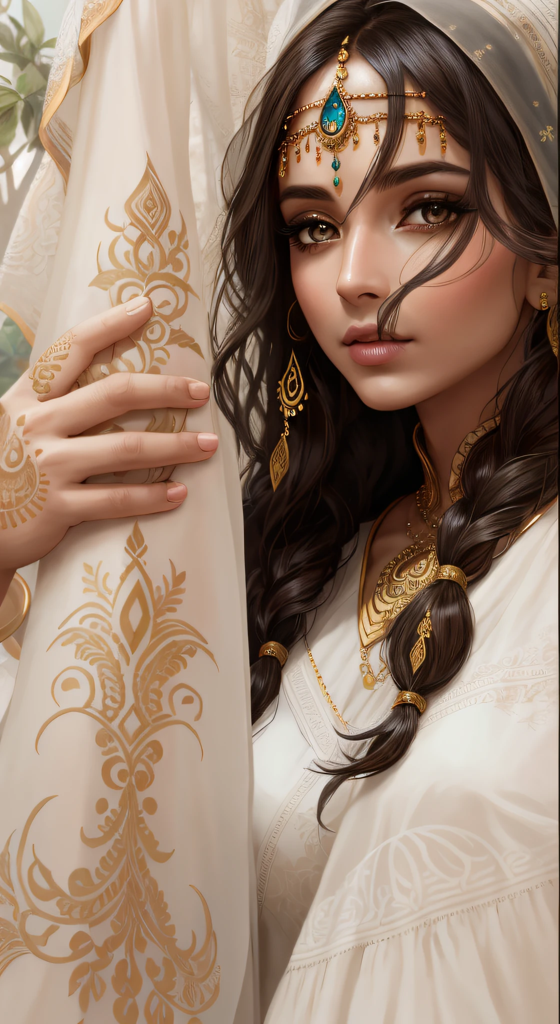 Arafed woman with headdress and veil on her head, inspired by Magali Villeneuve, beautiful character painting, realistic fantasy illustration, graphic designer Magali Villeneuve, 8k high quality detailed art, complex WLOP, detailed matte fantasy portrait, detailed beauty portrait, beautiful elf with ornate dresses, Charlie Bowater character art, elegant digital paintingSomeone gets a henna tattoo on their hand,  Mehndi patterns, complex design, beautiful design, intricate drawings, very beautiful enga style, symmetrical design, complex triangular design, complex triangular drawings, detailed drawings, complex design, symmetrical hands, symmetrical and complex, geometric design, geometric masterpiece, organic and complex, perfect complex. --auto --s2