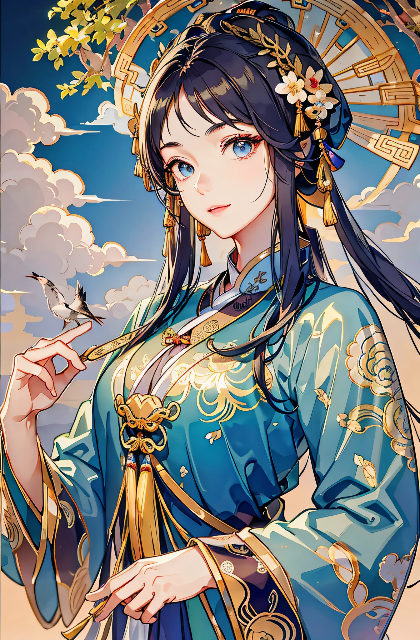 Ancient Chinese dancers, beautiful lines, gorgeous ancient Chinese costumes, exquisite conveyance, shy face, willow leaf eyebrows, character portrayal, coiled hair, gold leaf, flowing clouds, watercolor, cranes surrounding, ink painting, gentle eyes, meticulous color matching, exquisite clothing patterns, by Gu Kaizhi, Zhang Xuan, professional color grading, realistic style, soft shadows, clean and sharp focus, Flim photography, panorama, 8K wallpaper, ultra-clear wallpaper