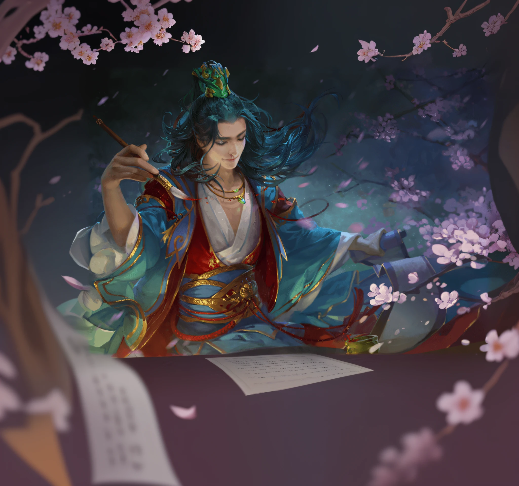 To complete, the poem scroll below, the plum blossoms on the right, and the night view above