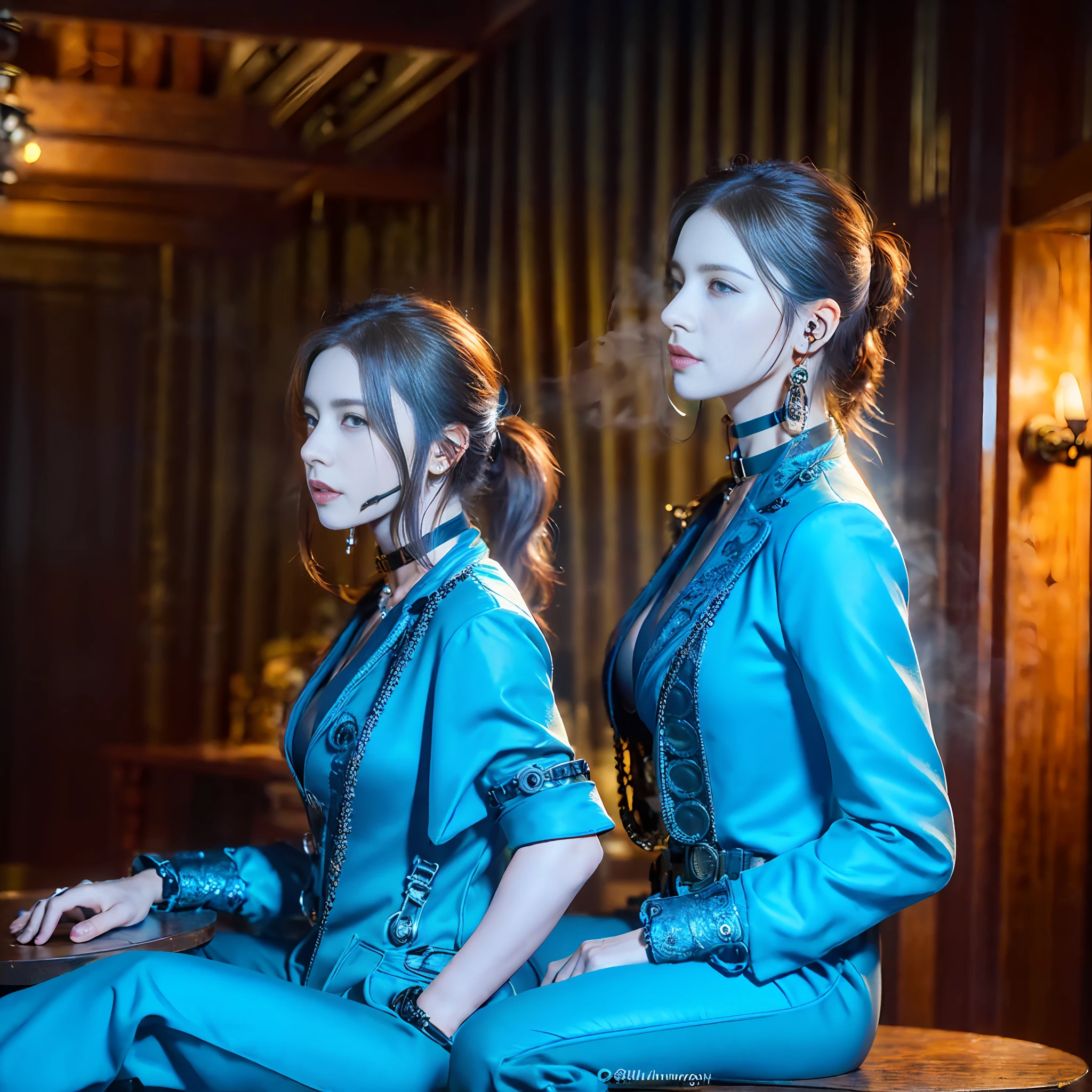 (8K, best quality:1.2), (masterpiece:1.37), (photo, photorealistic:1.37), (ultrahigh-res), full body, sitting on a chair, shot from side, profile, slow motion, female steampunk engineer, (wearing a gray jumpsuit with steampunk details:1.2),(ornately decorated intercom headset:1.3), (ornately decorated choker), (insanely detailed steampunk, bloom:1.5), (highest quality, Alessandro Casagrande, Greg Rutkowski, Sally Mann, concept art, 4k), (analog:1.2), (high sharpness), (detailed pupils:1.1), detailed face and green eyes, Masterpiece, best quality, (highly detailed photo:1.1), (long ginger Hair, ponytail,ecstatic:1.1), (young woman:1.1), sharp, (perfect body:1.1), realistic, real shadow, 3d, (steampunk workshop interior filled with steam and smoke background:1.2), photographed by Canan EOS R6, 135mm, 1/1250s, f/2.8, ISO 400