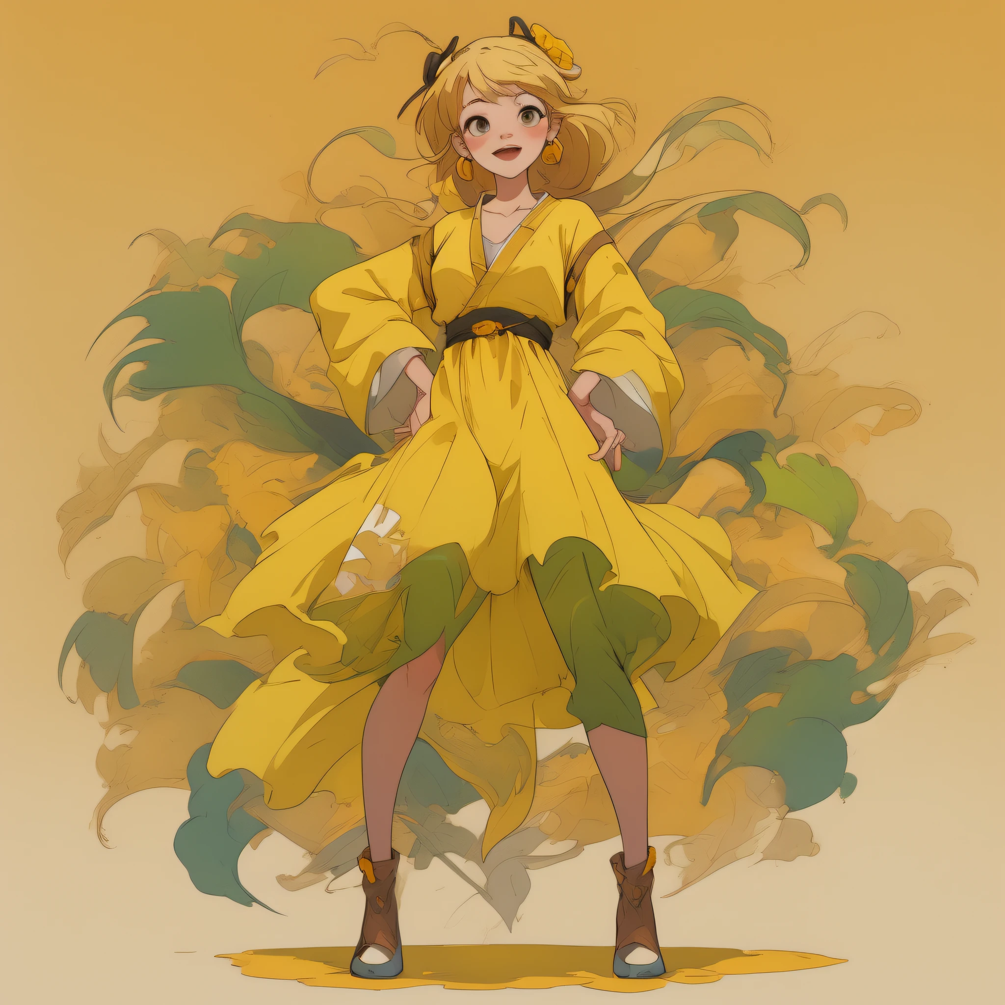 (Best quality, masterpiece), 1 girl, double ponytail, blond hair, yellow dress smiling, happy, standing at crossed waist, white background, full body, front view, contemporary, dress, 4k --v 6