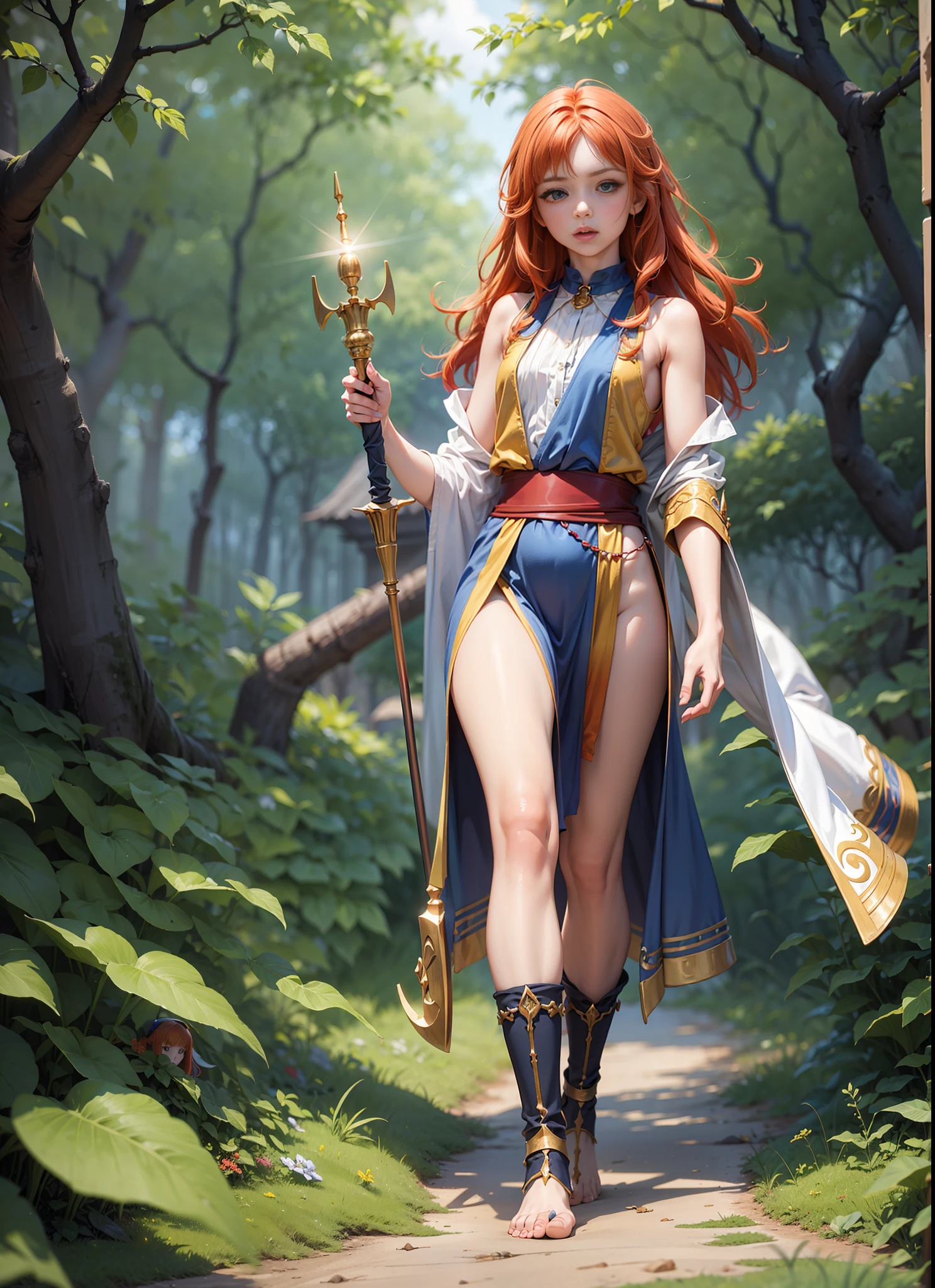 childish young sorceress with flowing red-orange hair and brilliant blue eyes wearing a sleeveless clingy opulent robe and carrying a magical scepter, on a forest path