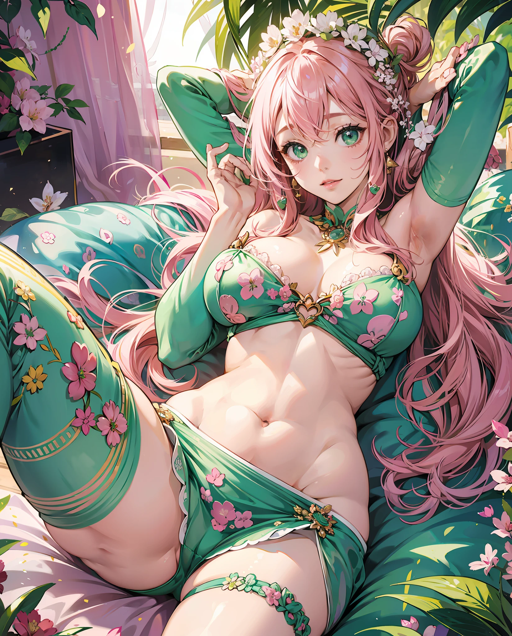 kawai girl, photorealism, pink hair, Green eyes, perfect shape, voluptuous girl,kama sutra --auto --s2