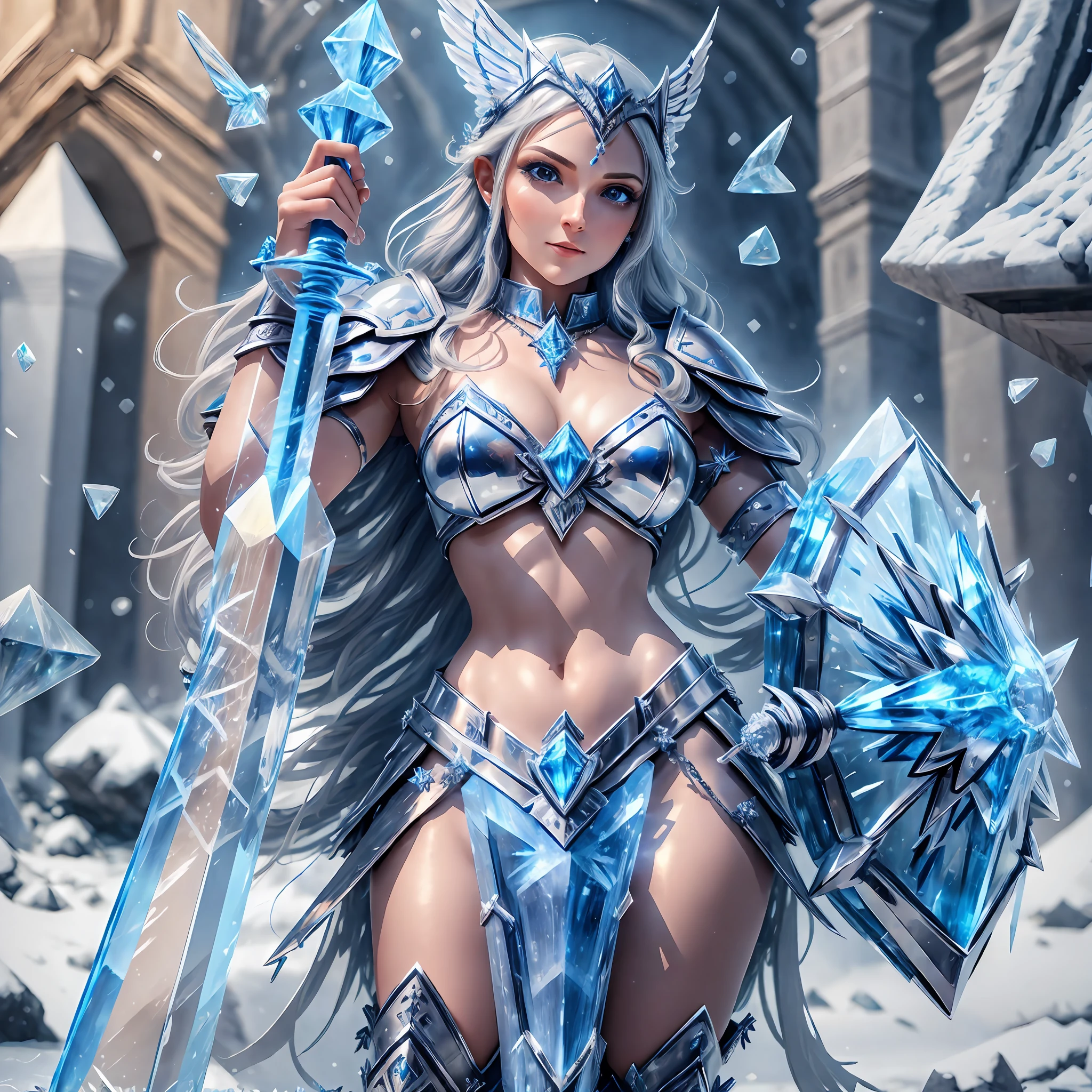 ((Best Quality)), ((Masterpiece)), (Details: 1.4), 3D, 8K RAW, Valkyrie, Long Silver Hair, Ice Crystal Blast, Ice Wings, Hand Ornament, Necklace, Sword in Right Hand, Shield in Left Hand, Headdress, Big Blue Eyes --auto --s2