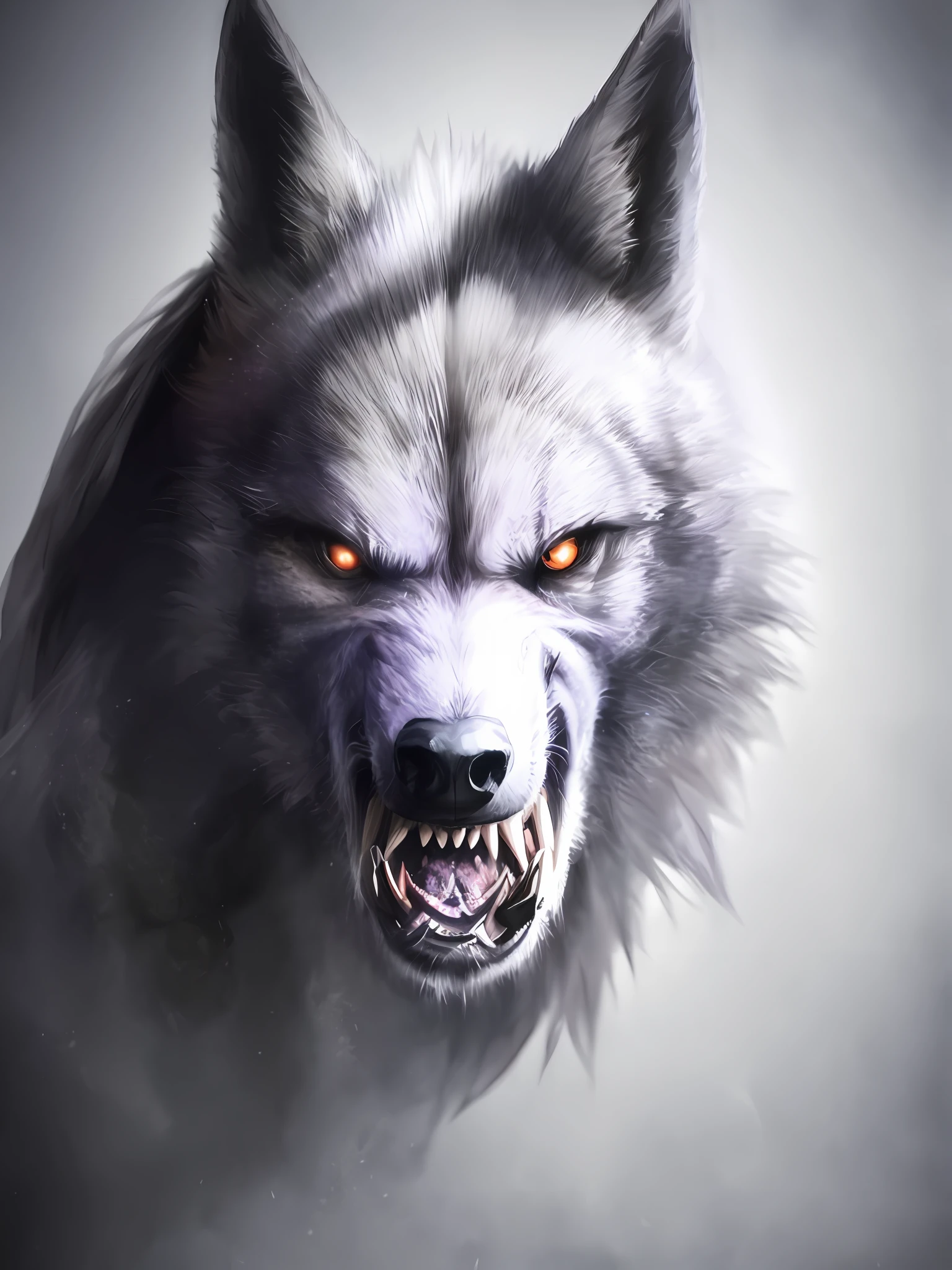 Wolf, demonic, coming out of the wall, white background, hyper realistic,