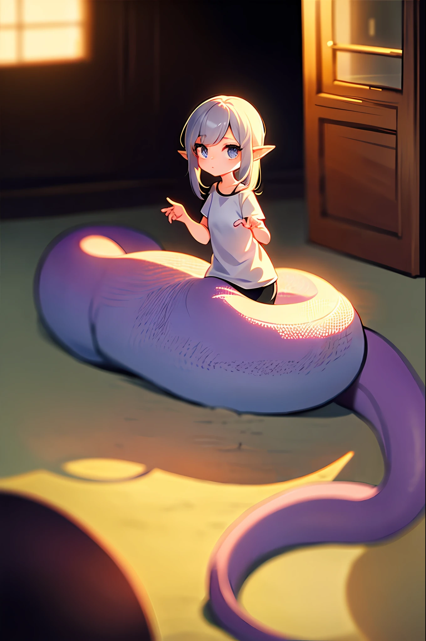 1girl, lamia, scales, white shirt, full body, Original Character, Volumetric Lighting, Best Shadows, Shallow Depth of Field, Stunningly Beautiful Girl, Petite, Delicate Beautiful Attractive Face