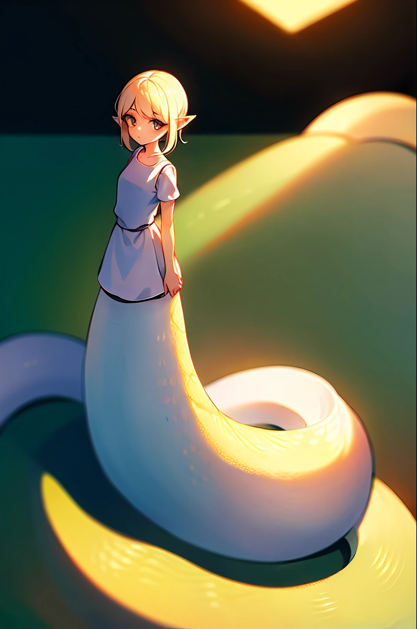 1girl, lamia, scales, white shirt, full body, Original Character, Volumetric Lighting, Best Shadows, Shallow Depth of Field, Stunningly Beautiful Girl, Petite, Delicate Beautiful Attractive Face