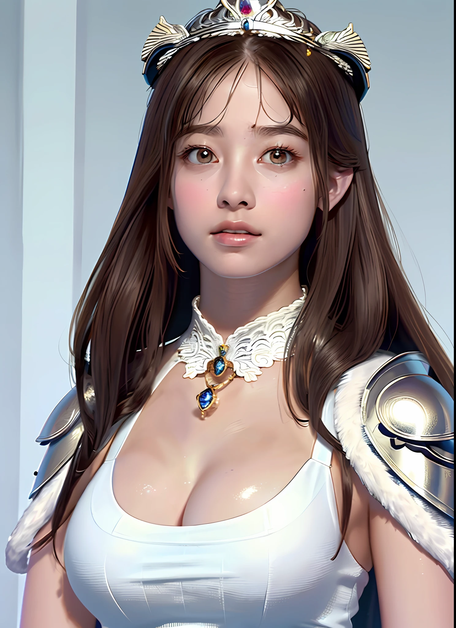 Ultra detailed complex 3d rendering of face, (big breasts: 6.8) huge breasts, long hair, watch viewer, , parted lips, (shiny skin),realistic sensual gravure idol, (cleavage), intricate details, super detailed complex 3d rendering of face with beautiful porcelain profile, (warrior queen armor, fur-lined cape, large crown decorated with jewels: 2.2), big, huge, (Micro Bikini) Sexy Swimsuit, (Ultrareal), (Magic Wand), (High Resolution), (8K), (Very Detailed), (Beautiful Detailed Eyes), (Best Quality), (Ultra Detailed), Intricate Detail Jewels (Detailed Women's Armor: 2.3), (Gorgeous Silver Armor: 1.3), 1 Girl, Solo, Long Hair, Wind, Gorgeous Face, Best Quality, Masterpiece, Maximum Detail, Diffused Lighting, (Brown Hair: 1.3), Valhalla Valkyrie, mechanical arm, beauty, facial muscles