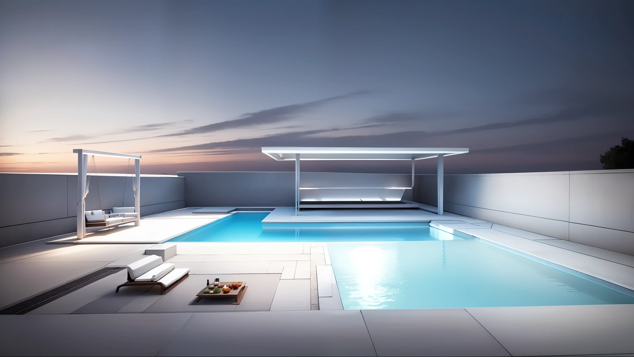 Modern style yard with white theme, seating area, middle sunken casual barbecue area, pool, swing --auto --s2