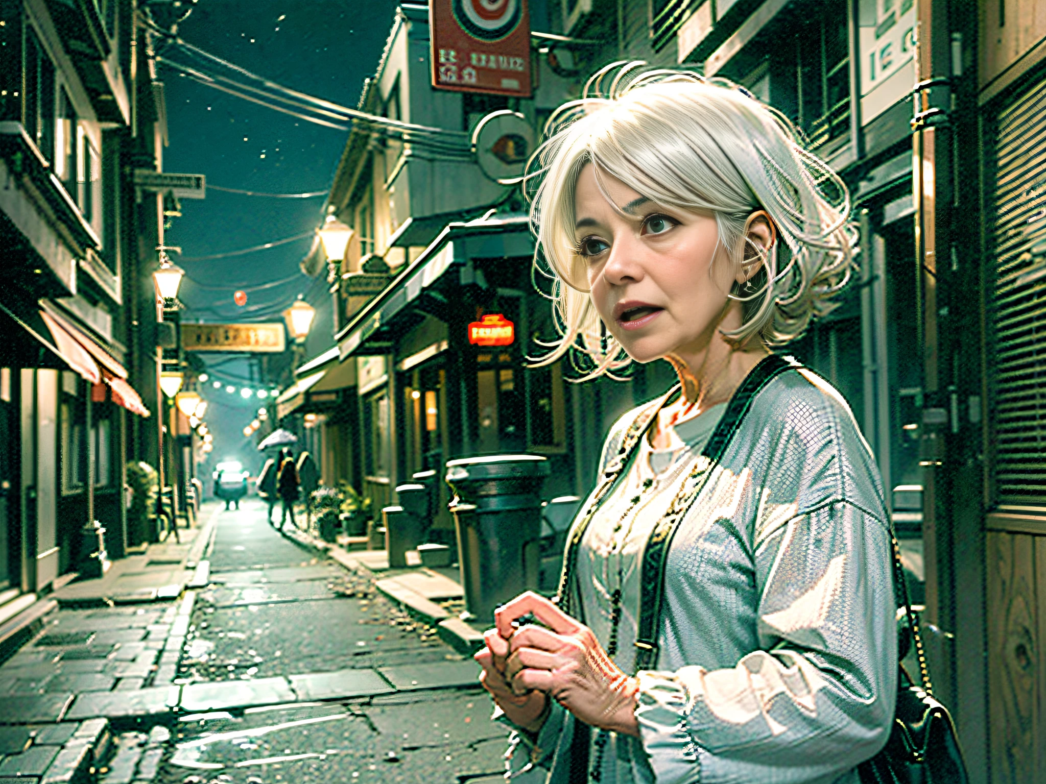 (On a dimly lit street, medium: 1.8) (a grandmother, white hair, casual clothes, singing: 1.9) (sideways: 1.7) (night country setting: 1.8)