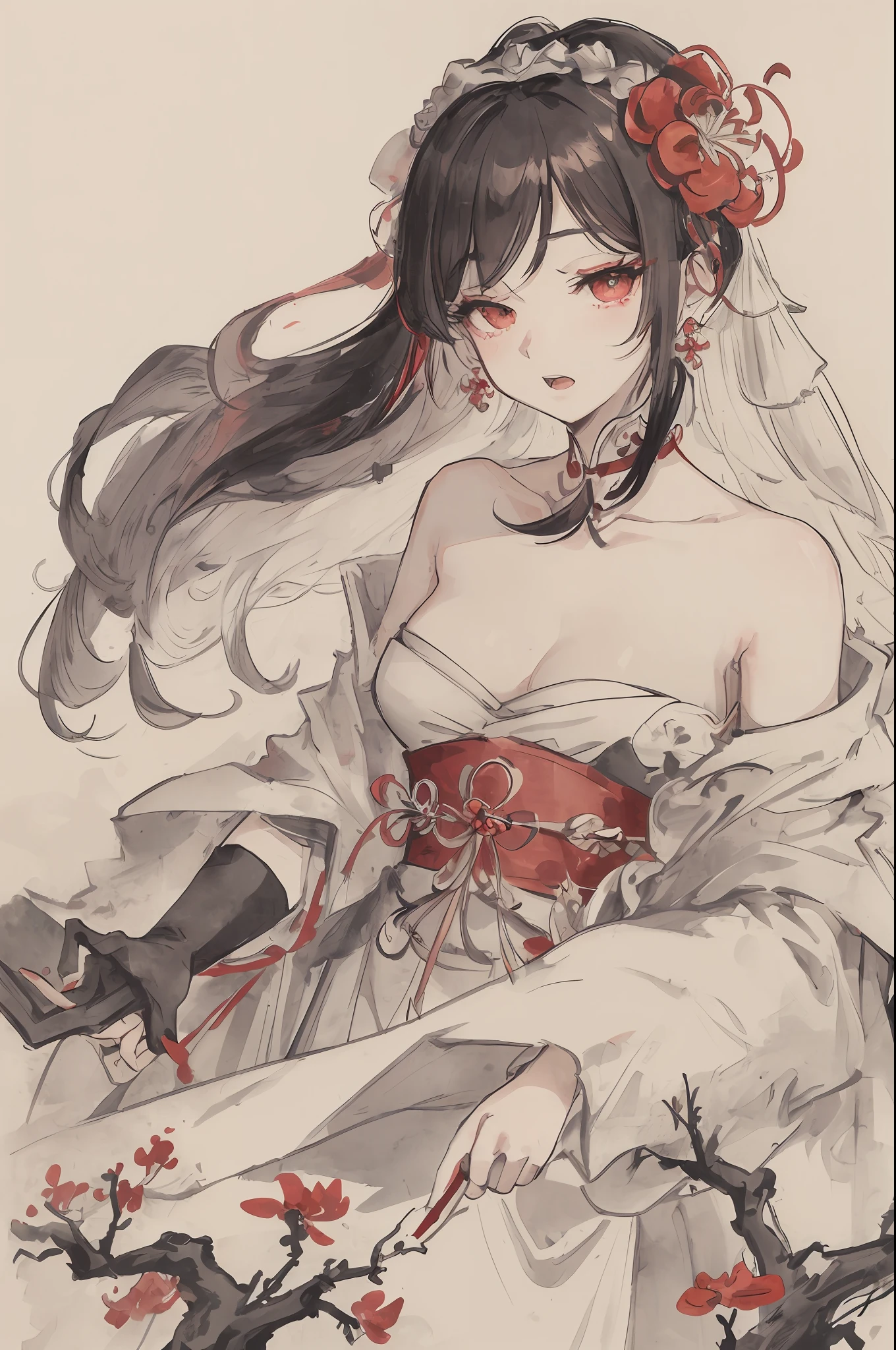((High resolution)), (Open Mouth), (Bust), (Top Quality), ((Super Fine)) (Super Fine CG)), ((8k_wallpaper)), Dynamic Angle, Floating, (Eyes with Beautiful Details), Very Delicate and Beautiful Girl, Upper Body, Ink Painting, (Chinese Style), Dark Eyes, Burning, Detail Light. from_low, (black hair), (red spider) lily: 1.33), aqua eye, (hair flower: 1.3), Bloom, single, starry sky, hair accessories, earrings, jewelry, messy hair, bare shoulders, half-closed eyes, bloom, (men), (Hanfu: 1.3), (Medium breasts): 1.2), (Eyeshadow, Red Eyeliner: 1.15), (Eyeshadow, Red Eyeliner: 1.15), (Eyeshadow, Red Eyeliner: 1.15), (Visible Eyes Through Hair: 1.2), (Solo Exhibition), Red Moon