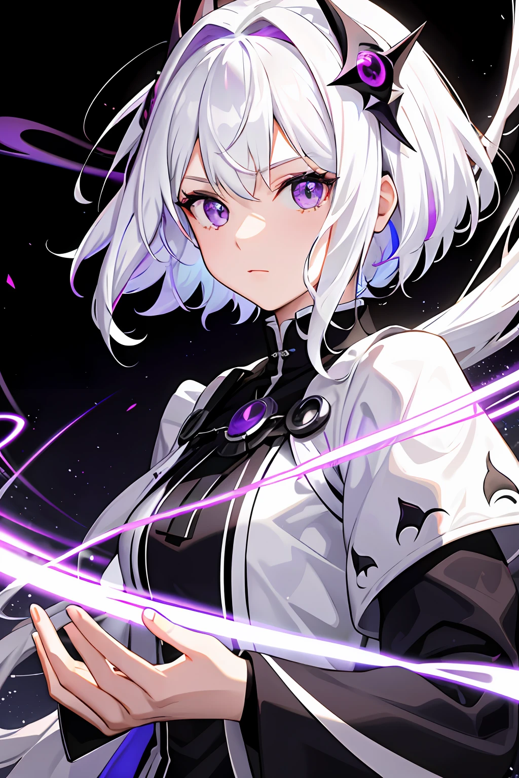 1girl, white hair, multicolored hair, purple eyes, mask on head, sidelighting, light particles, wallpaper,