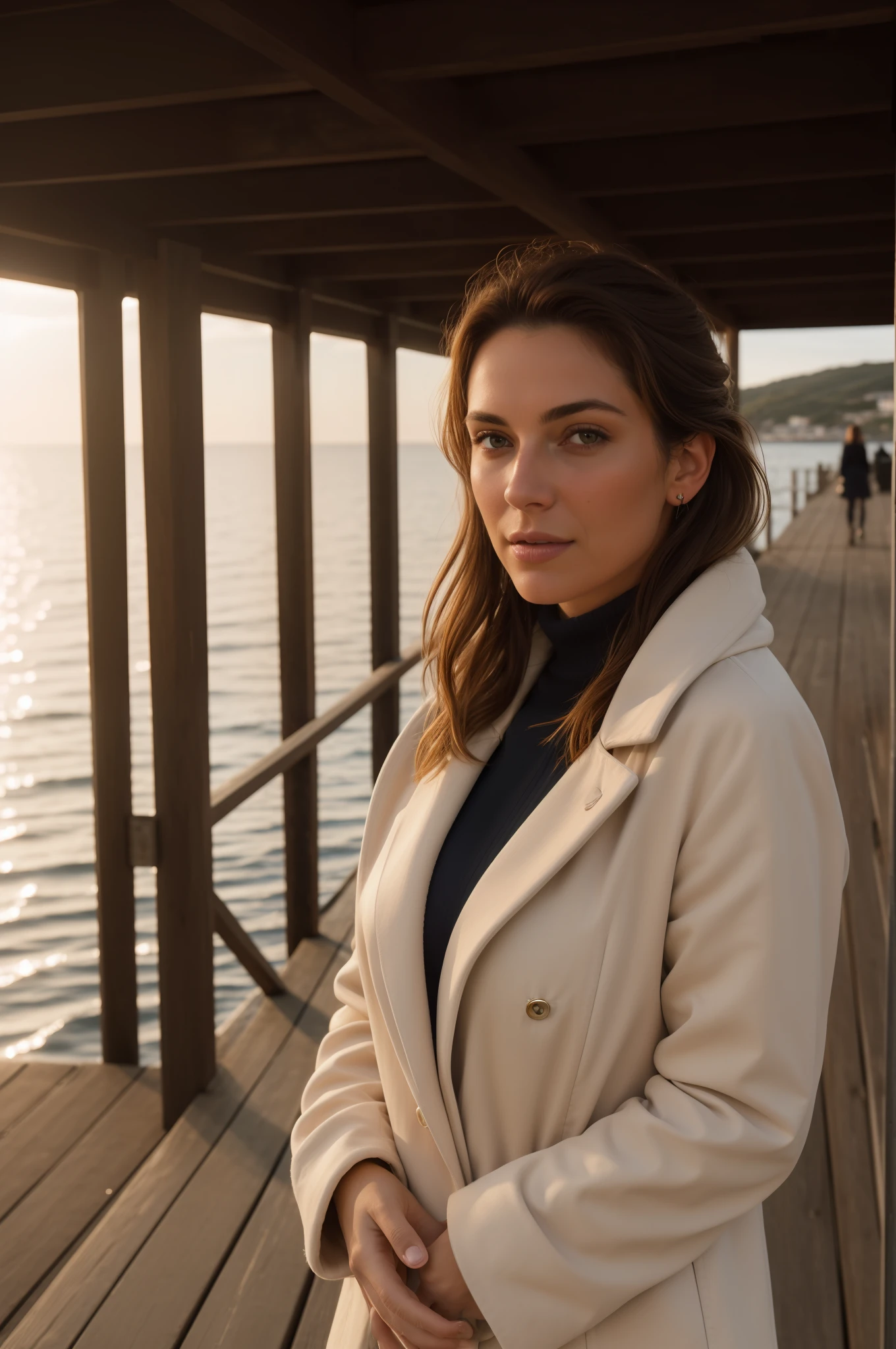 Arafed woman in a coat standing on a dock by the water, photoshoot for skincare brand, photographed in the golden hour, high-end fashion photoshoot, portrait portrait, outdoor business portrait, portrait of kim wexler, by the sea, by the sea, by Niko Henrichon, editorial photography, julia sarda, inspired by Emma Andijewska, by Jeanna bauck, her open coat shows her naked and revealing body underneath. Their large breasts are almost seen and their curves as well. She poses for the photographer in a sensual and mysterious way while flirting with her naked naked body for the camera. Photographed on a Canon EOS R5, 50mm Lens, F/2.8, HDR, (8k) (wallpaper) (cinematic lighting) (dramatic lighting) (sharp focus) (intricate), RAW photo, RAW photo, 8k uhd, dslr, high quality, grain film, Fujifilm XT3, camera f1.6 lens rich colors hyper realistic texture dramatic lighting unrealengine trend in artstation cinestill 800 tungsten, ((detailed face)), ((detailed facial features)), (finely detailed skin)