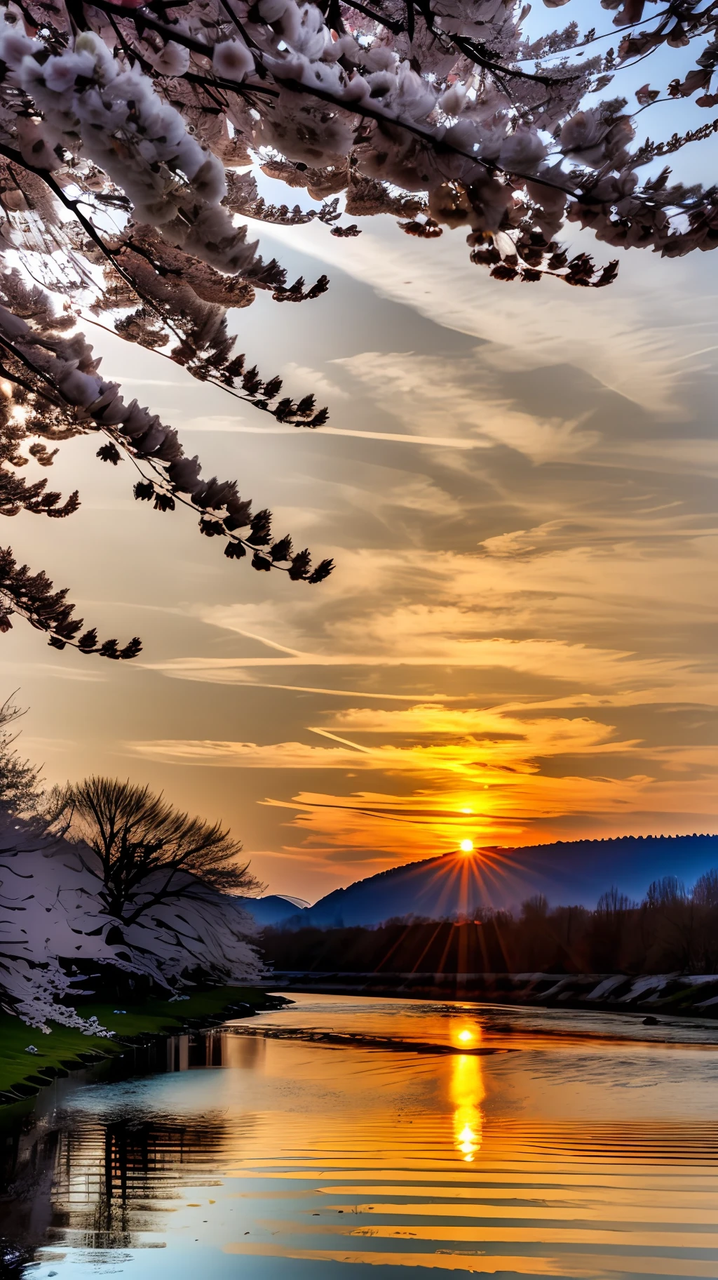 Cherry tree teoets leaves in spring sunset near a river where it reflects the realistic sun 8k --auto --s2