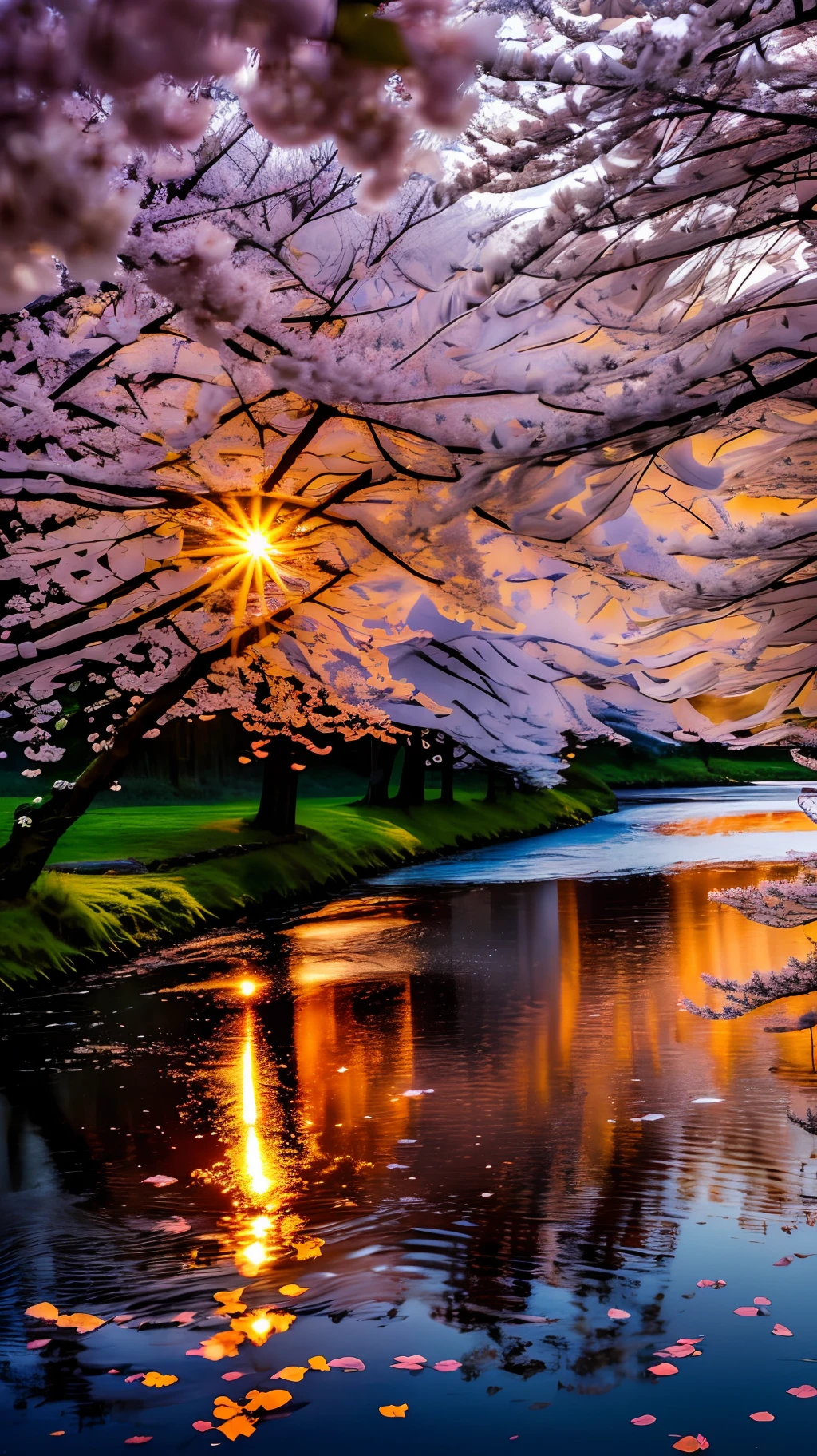 Cherry tree teoets leaves in spring sunset near a river where it reflects the realistic sun 8k --auto --s2